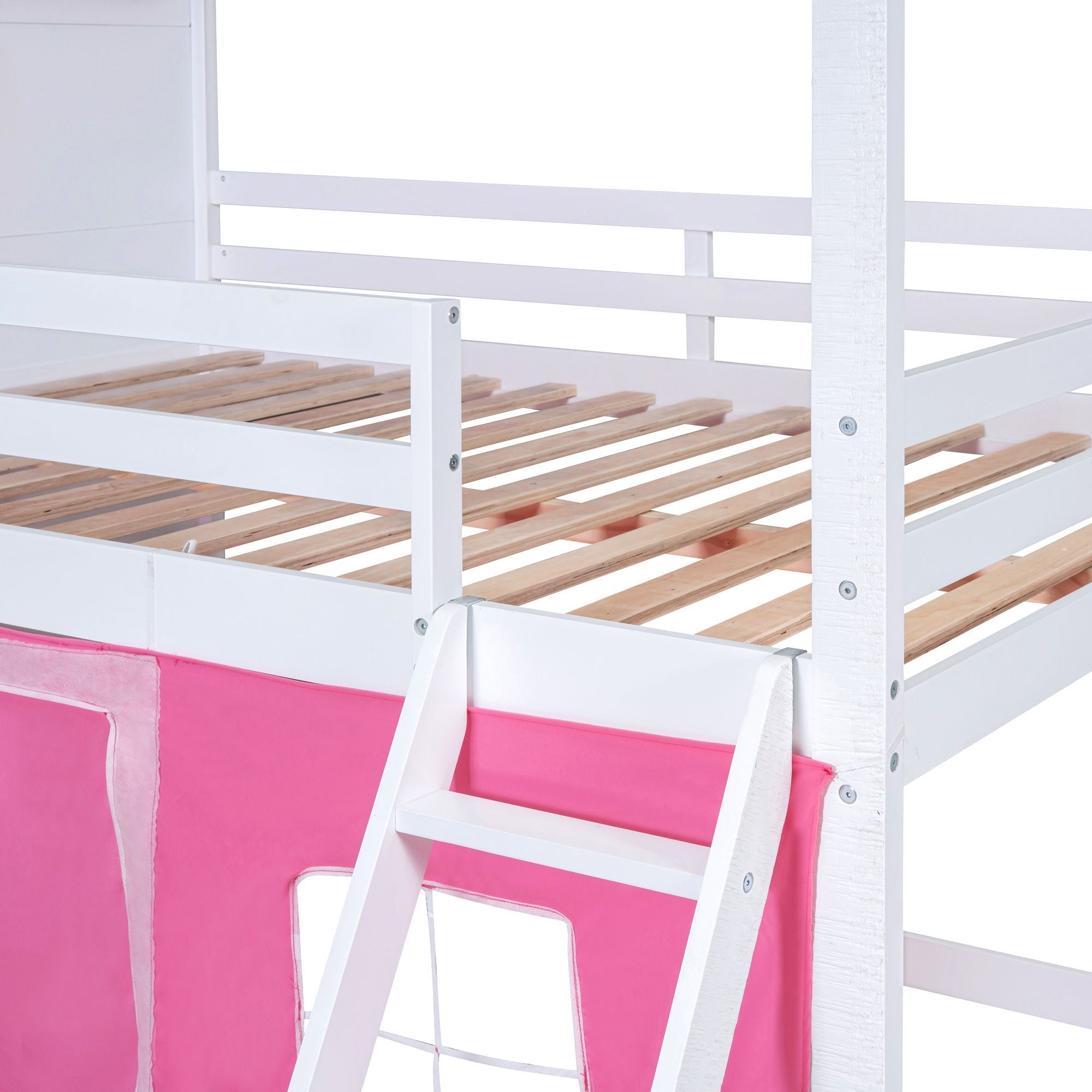 Kids Shared Room Full Size Wood Bunk Bed with House Design, Windows, Tent, Pink and White | Just Better Bunk Beds