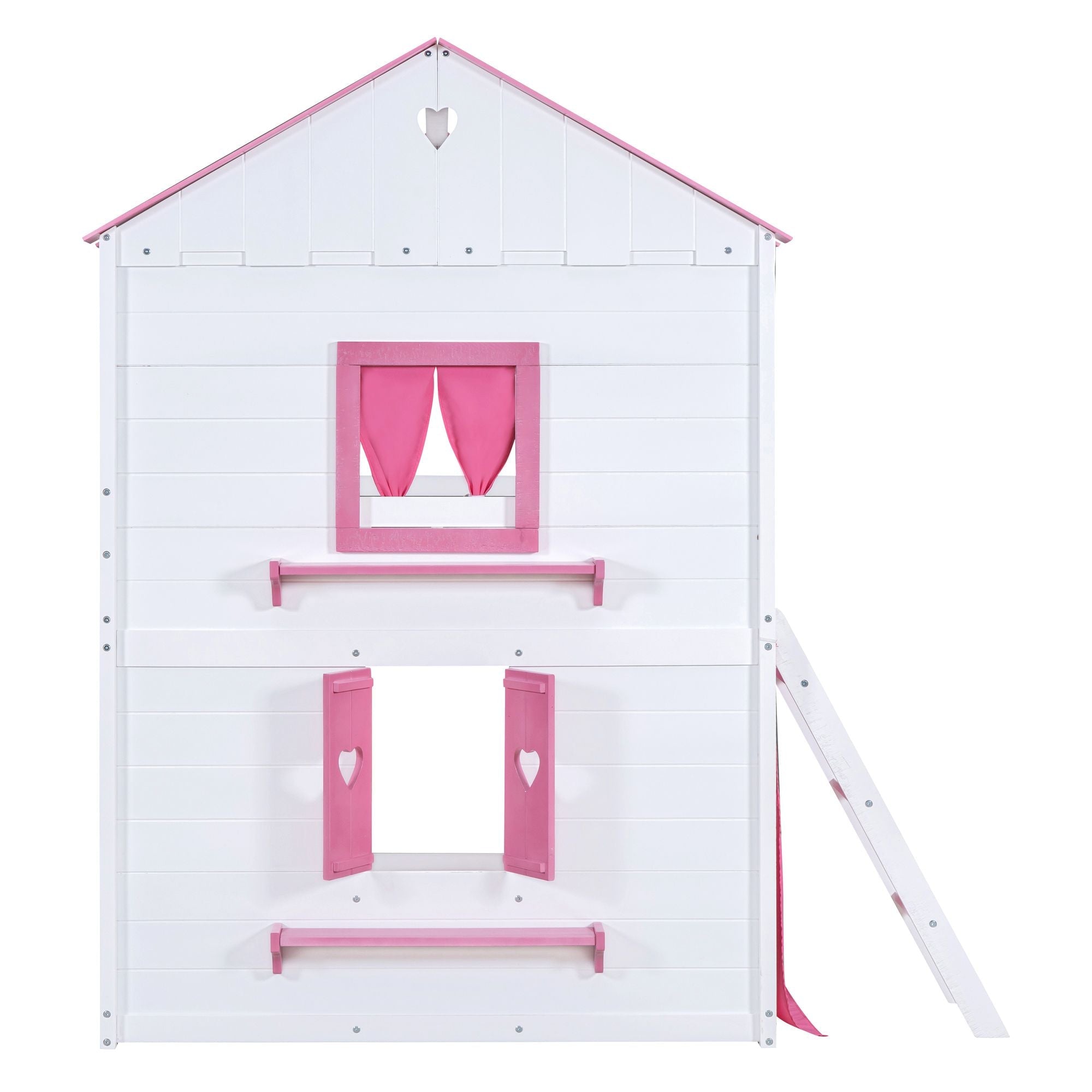 Kids Shared Room Full Size Wood Bunk Bed with House Design, Windows, Tent, Pink and White | Just Better Bunk Beds