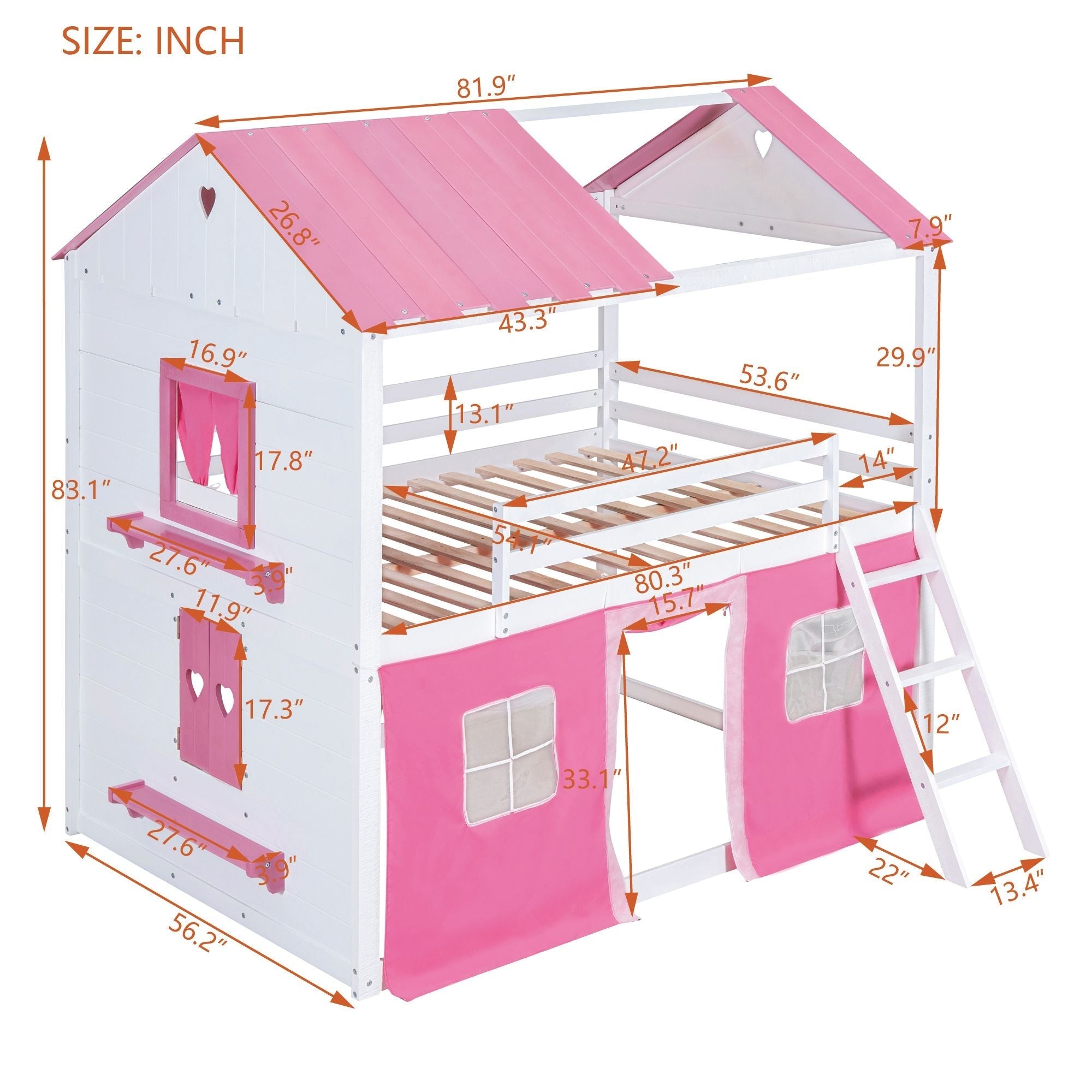 Kids Shared Room Full Size Wood Bunk Bed with House Design, Windows, Tent, Pink and White | Just Better Bunk Beds