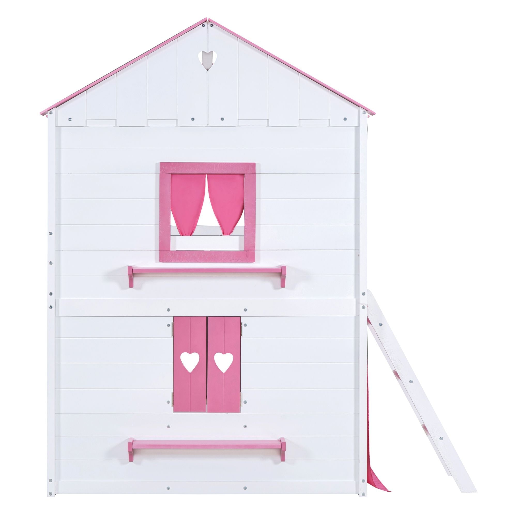 Kids Shared Room Full Size Wood Bunk Bed with House Design, Windows, Tent, Pink and White | Just Better Bunk Beds