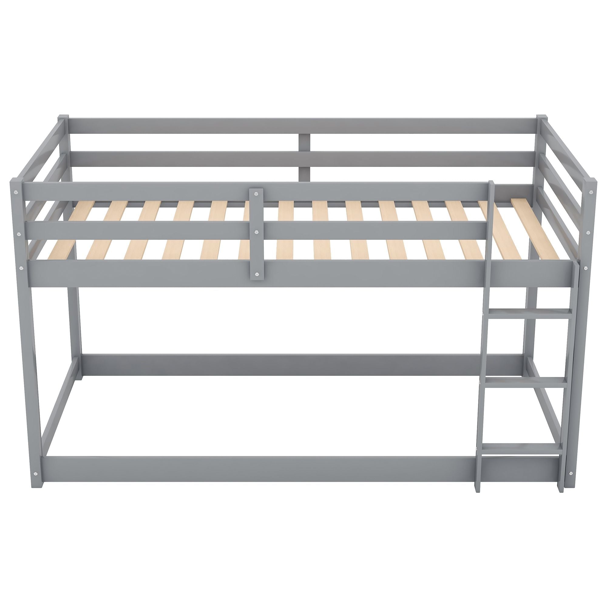 Kids Shared Room Low Profile Twin over Twin Wood Floor Bunk Bed with Ladder, Gray or White | Just Better Bunk Beds