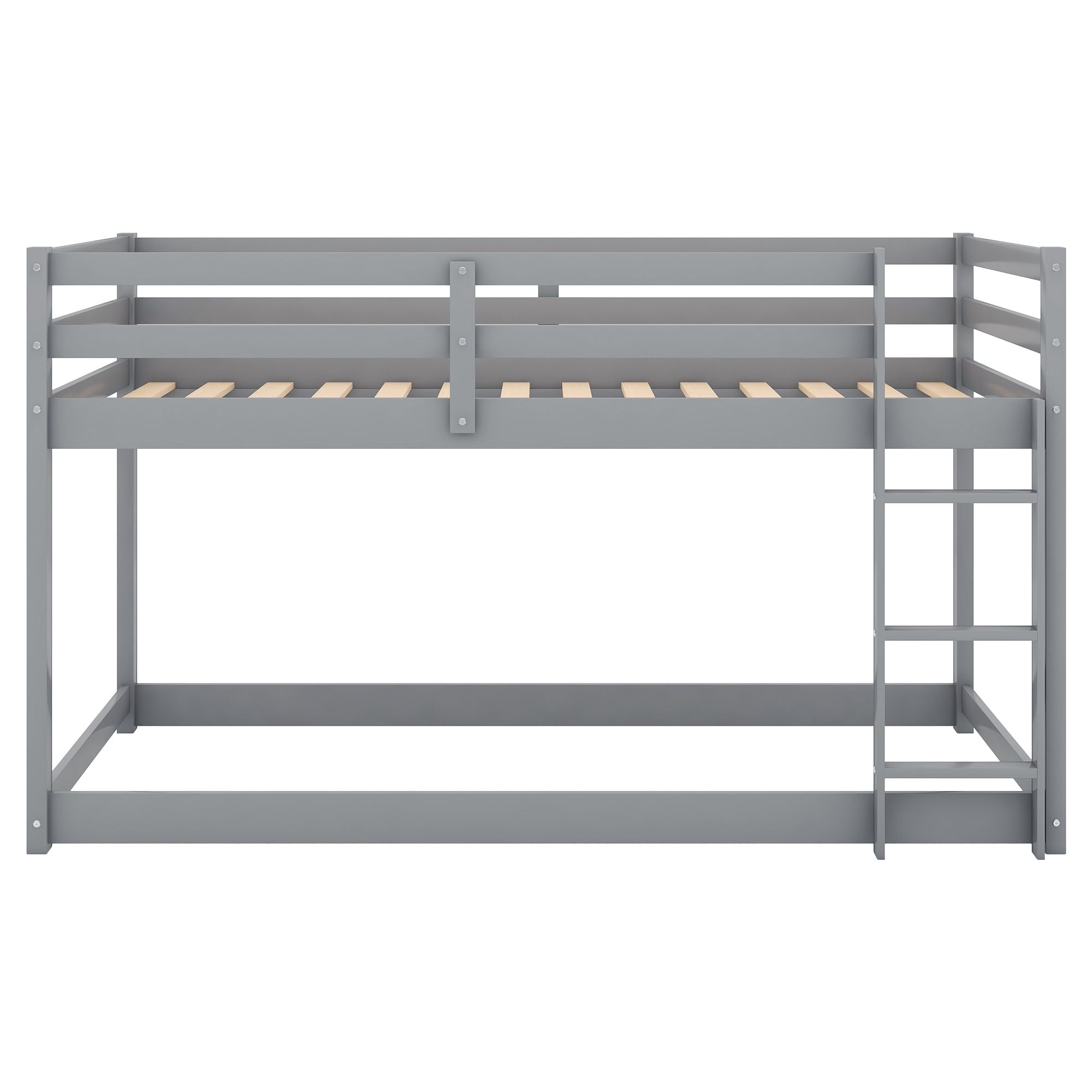Kids Shared Room Low Profile Twin over Twin Wood Floor Bunk Bed with Ladder, Gray or White | Just Better Bunk Beds