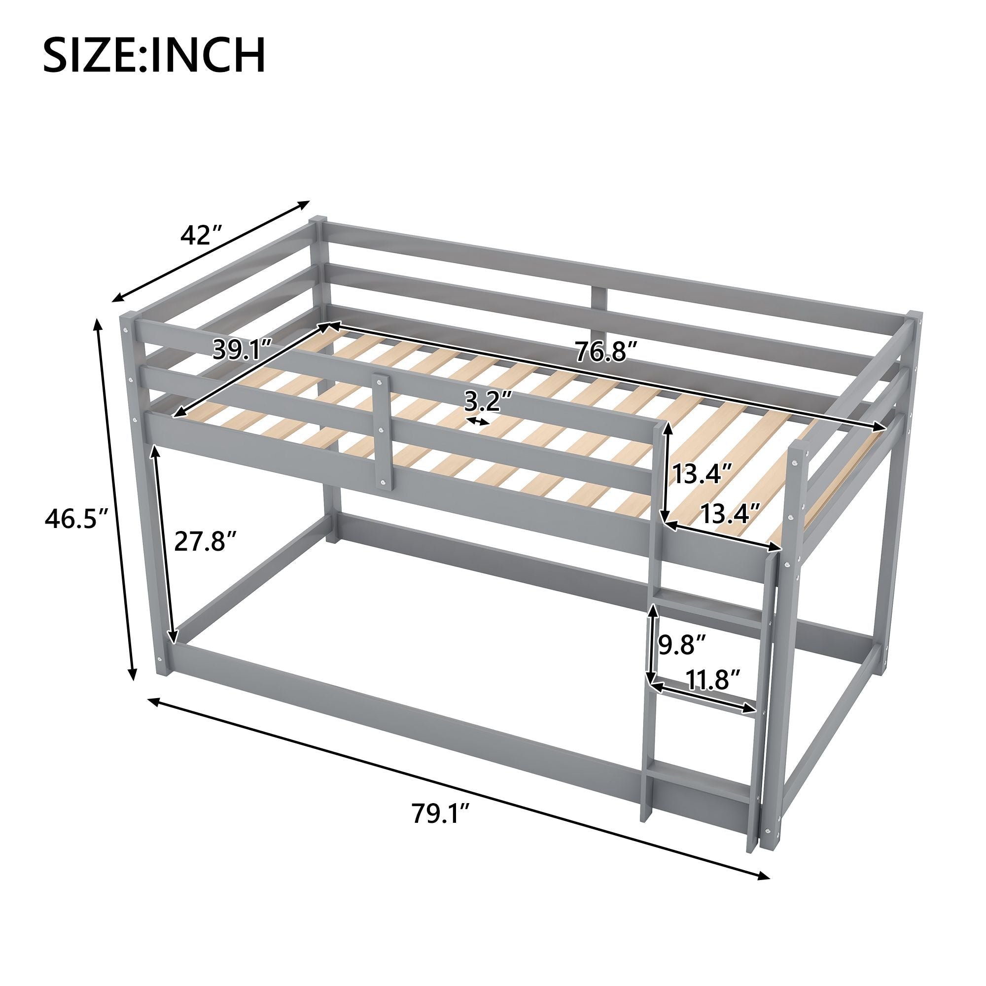 Kids Shared Room Low Profile Twin over Twin Wood Floor Bunk Bed with Ladder, Gray or White | Just Better Bunk Beds