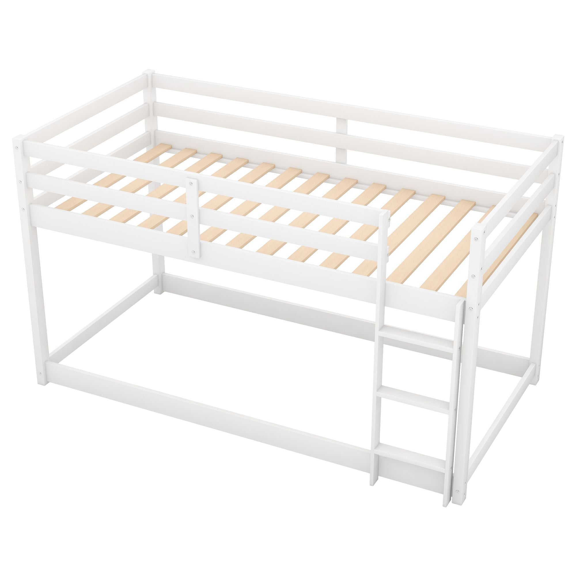 Kids Shared Room Low Profile Twin over Twin Wood Floor Bunk Bed with Ladder, Gray or White | Just Better Bunk Beds