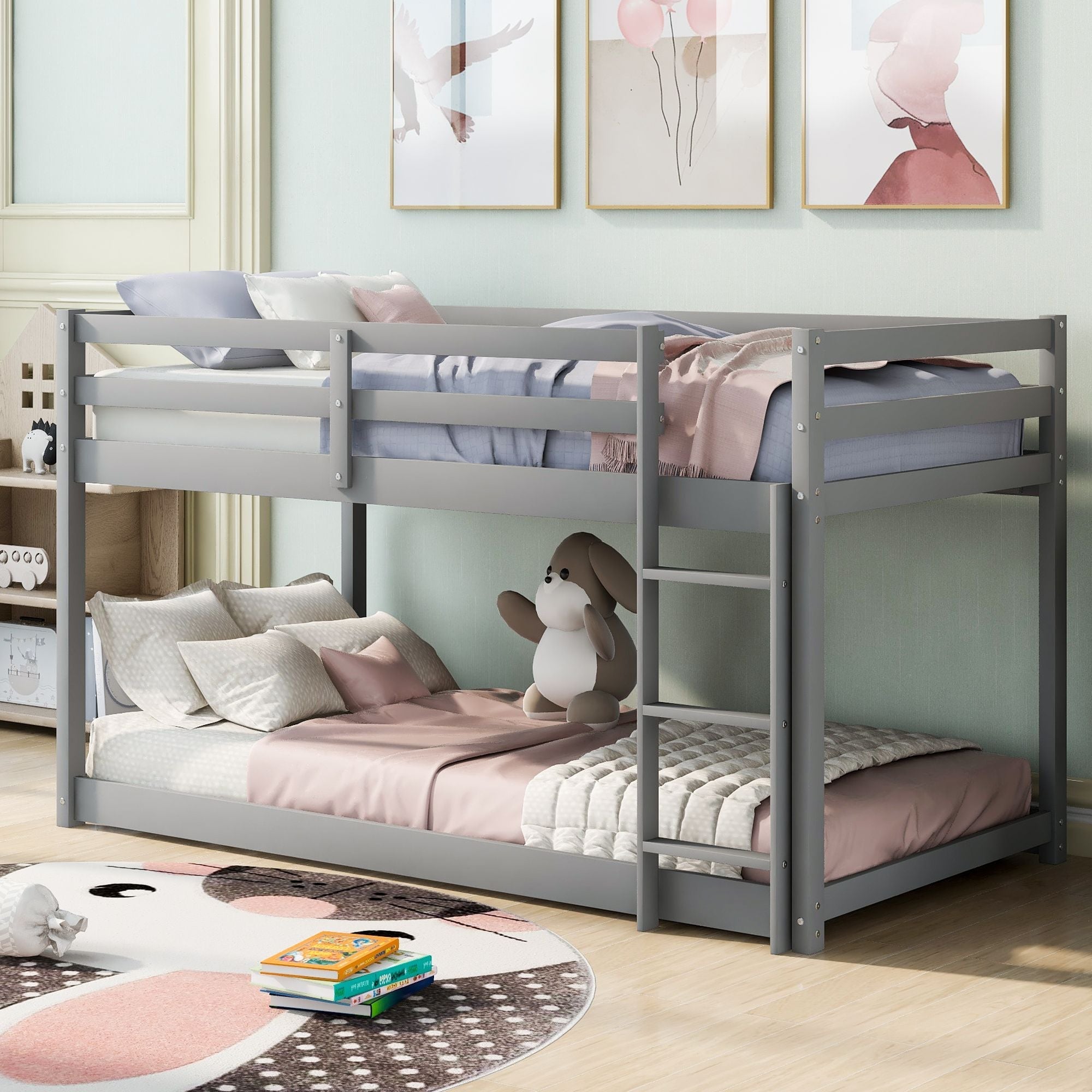 Kids Shared Room Low Profile Twin over Twin Wood Floor Bunk Bed with Ladder, Gray or White | Just Better Bunk Beds