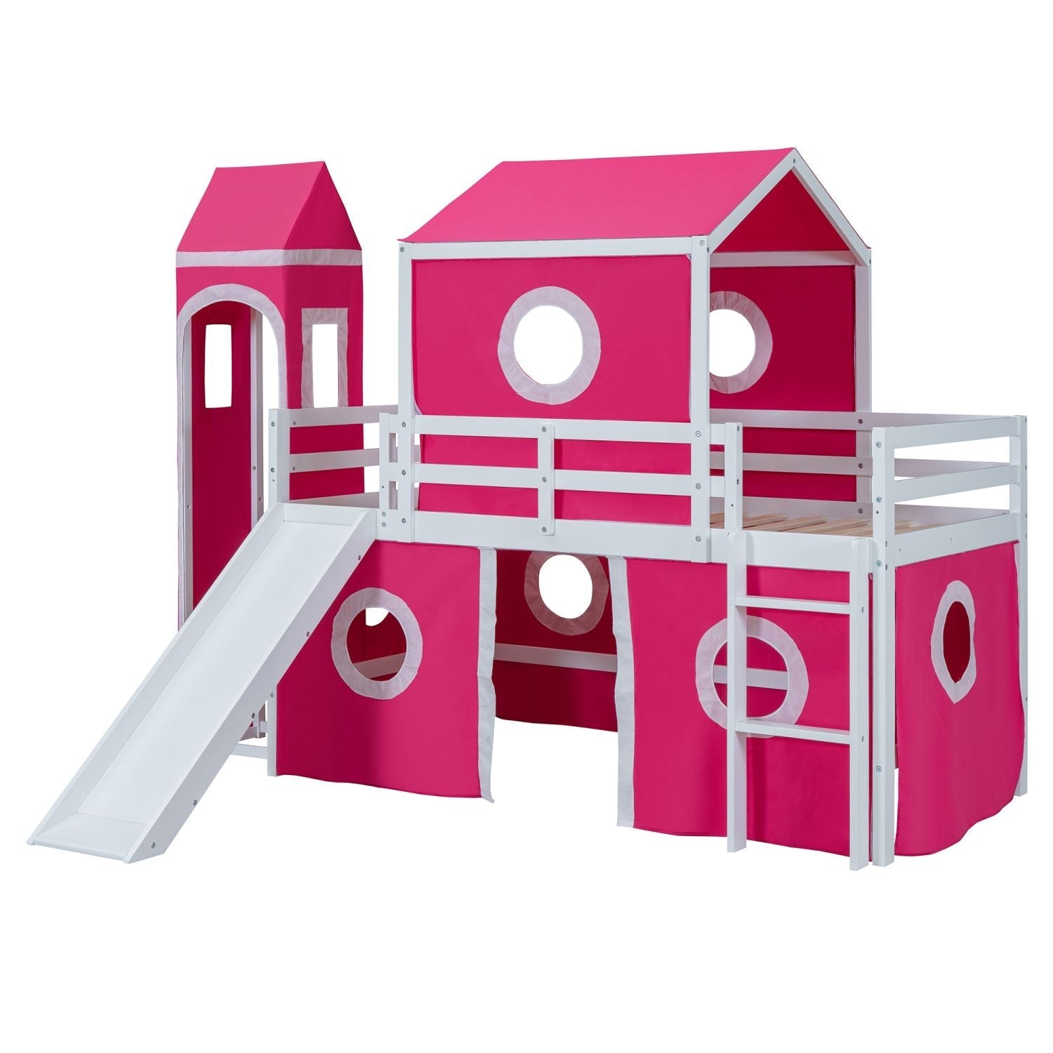 Kids Shared Room Twin Loft Bed with Slide Pink Tent Tower Wood Pink | Just Better Bunk Beds