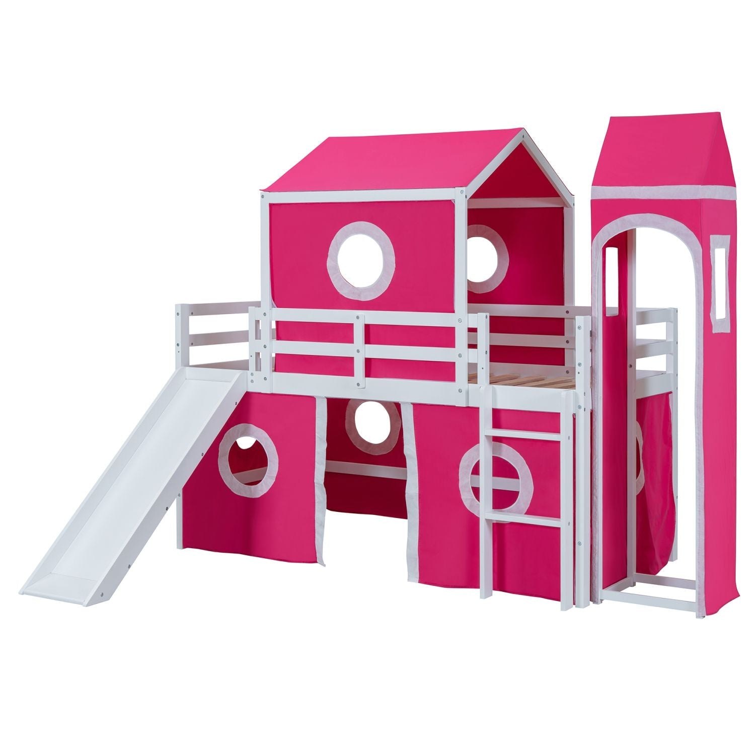 Kids Shared Room Twin Loft Bed with Slide Pink Tent Tower Wood Pink | Just Better Bunk Beds