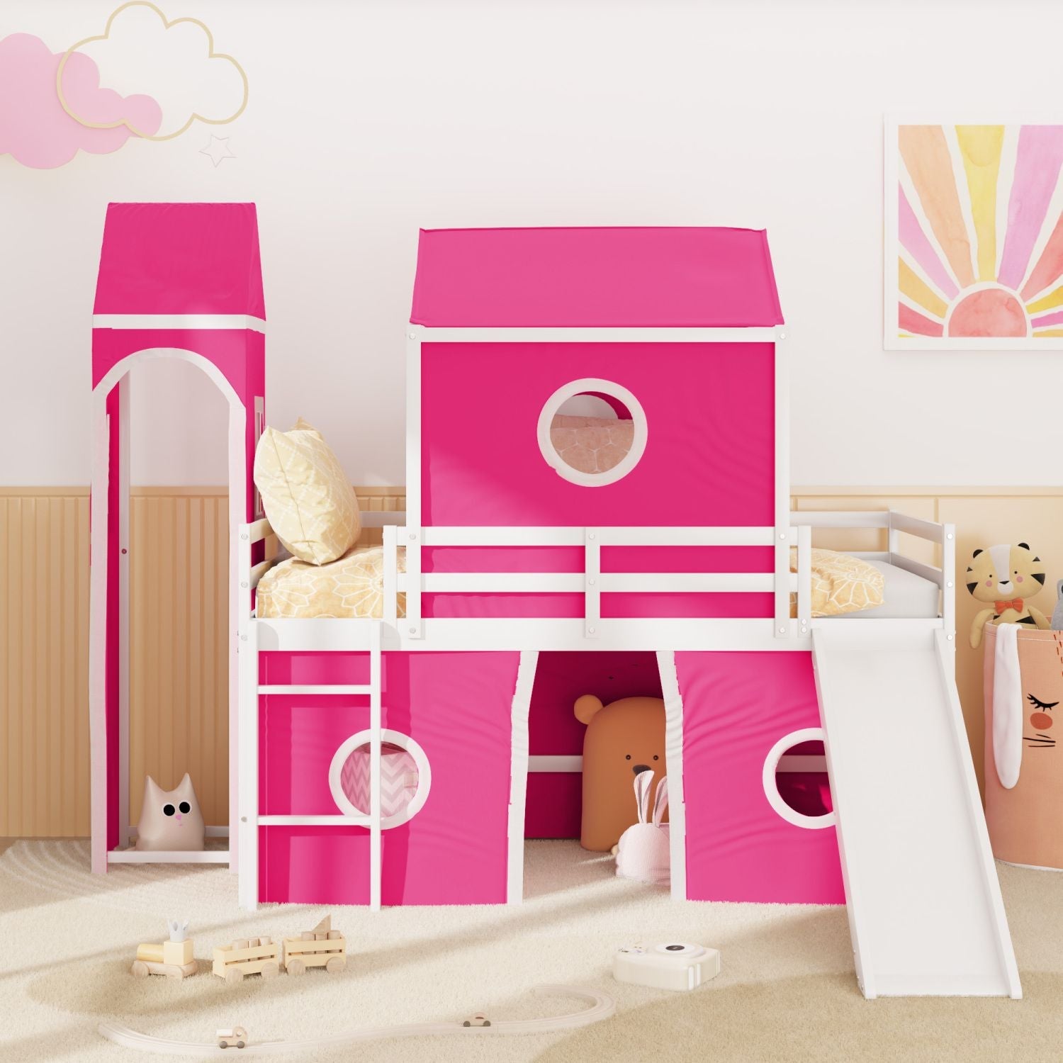 Kids Shared Room Twin Loft Bed with Slide Pink Tent Tower Wood Pink | Just Better Bunk Beds