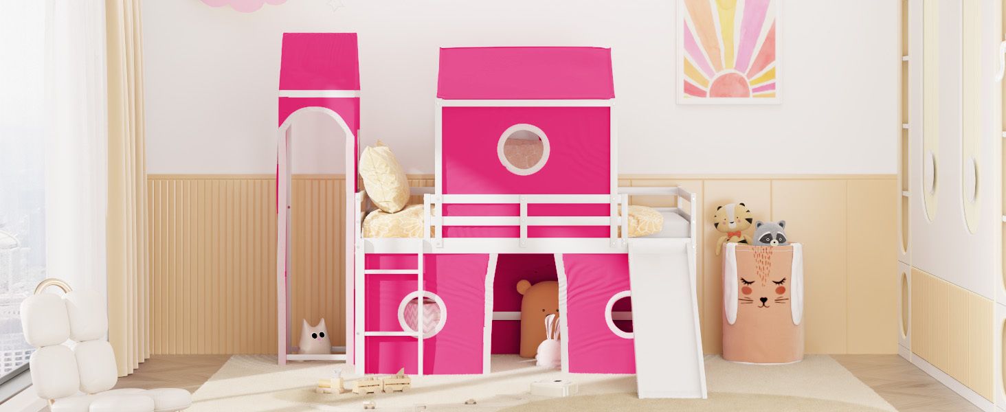 Kids Shared Room Twin Loft Bed with Slide Pink Tent Tower Wood Pink | Just Better Bunk Beds