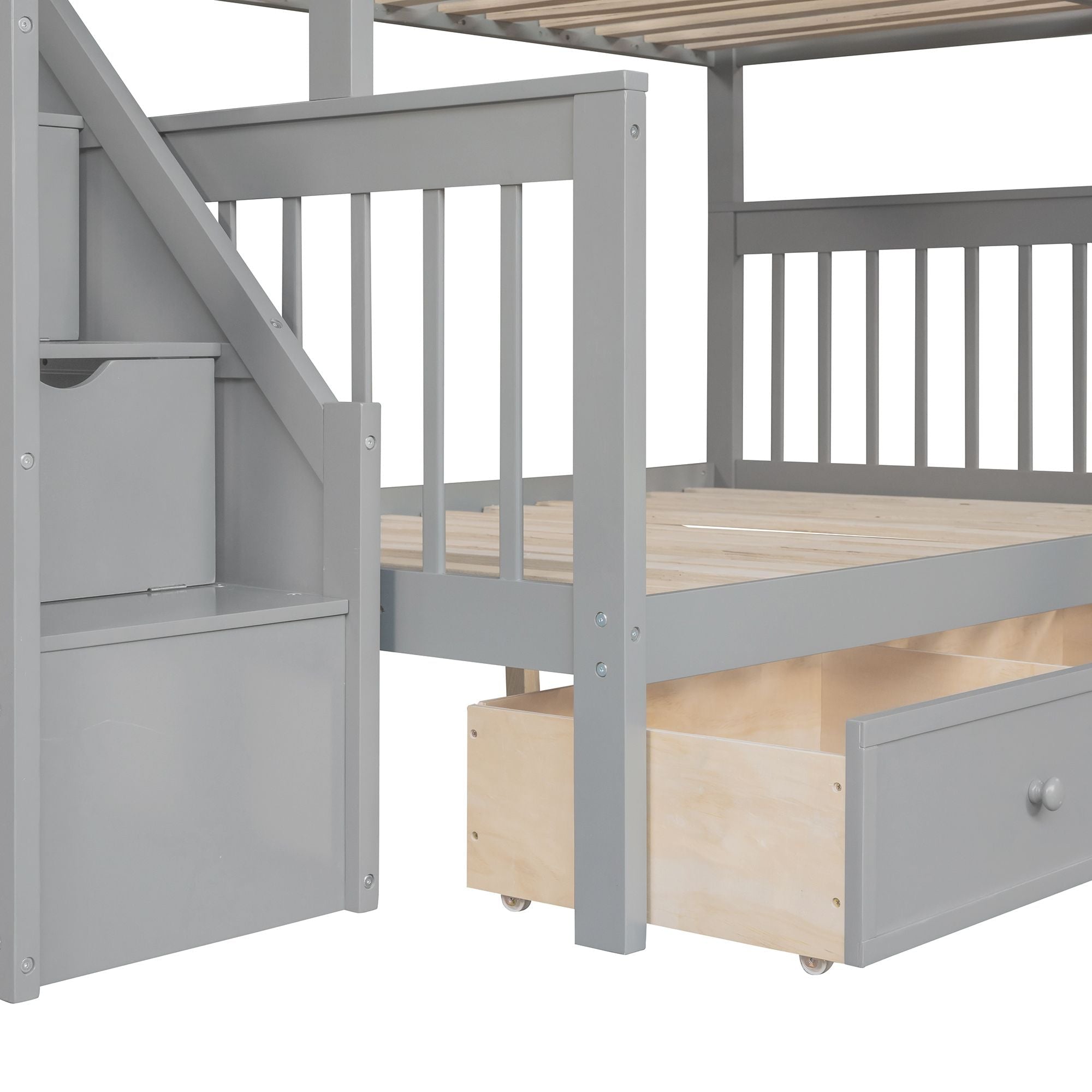 Kids Shared Room Twin Over Full L-Shaped Wood Bunk Bed with Storage Drawers and Staircase, Gray | Just Better Bunk Beds