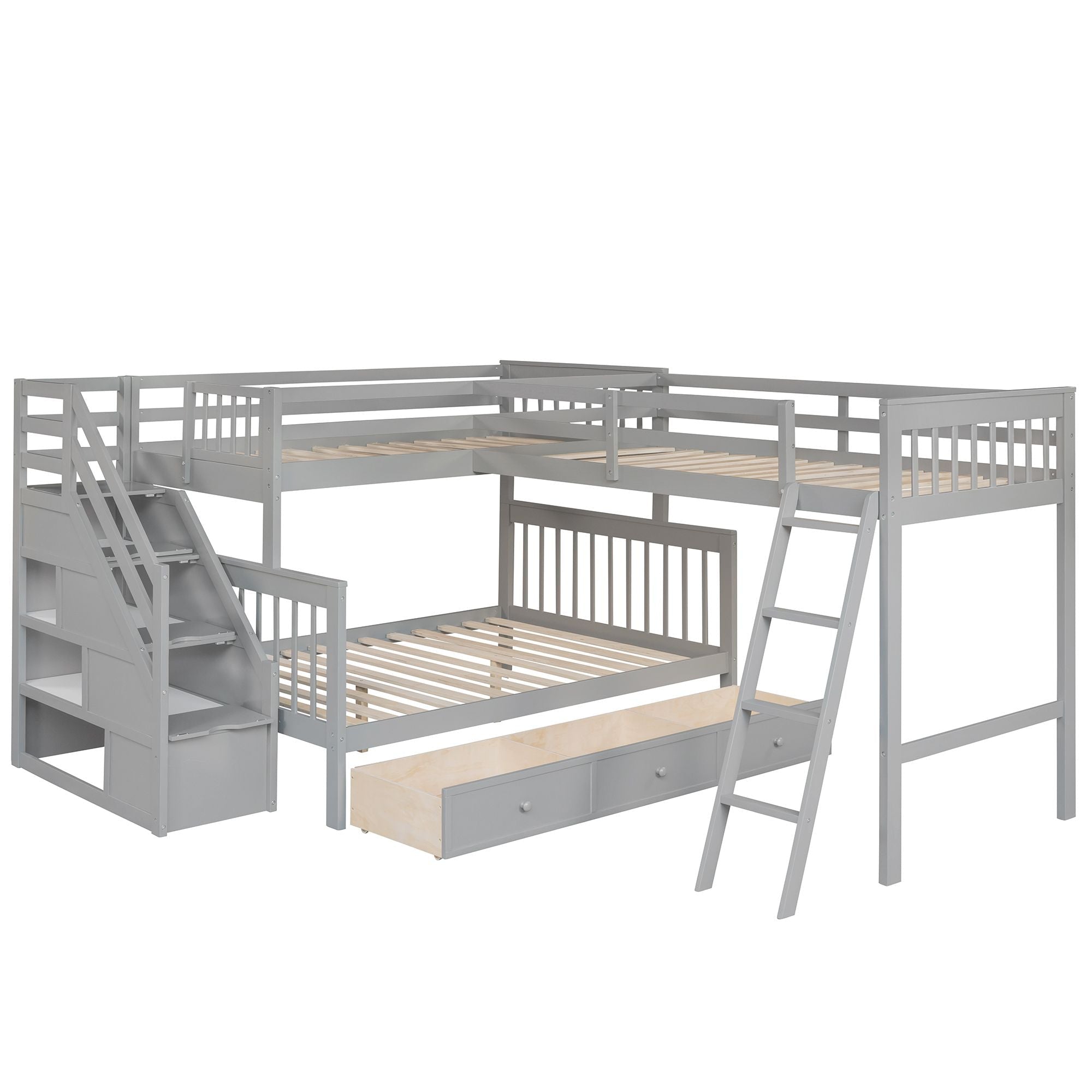 Kids Shared Room Twin Over Full L-Shaped Wood Bunk Bed with Storage Drawers and Staircase, Gray | Just Better Bunk Beds