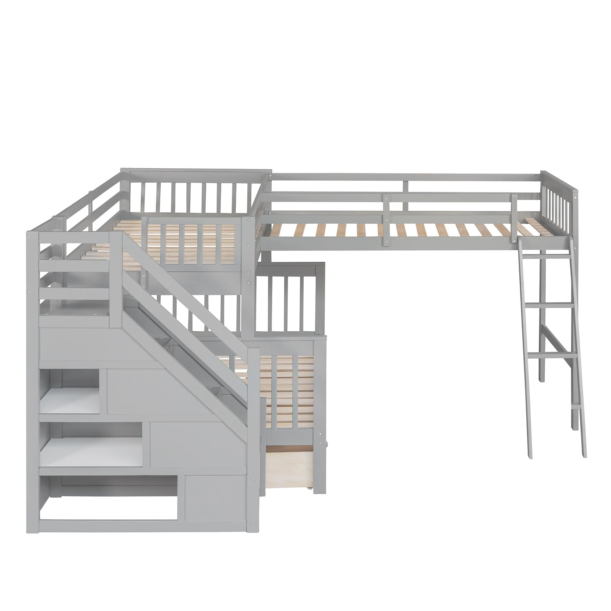 Kids Shared Room Twin Over Full L-Shaped Wood Bunk Bed with Storage Drawers and Staircase, Gray | Just Better Bunk Beds