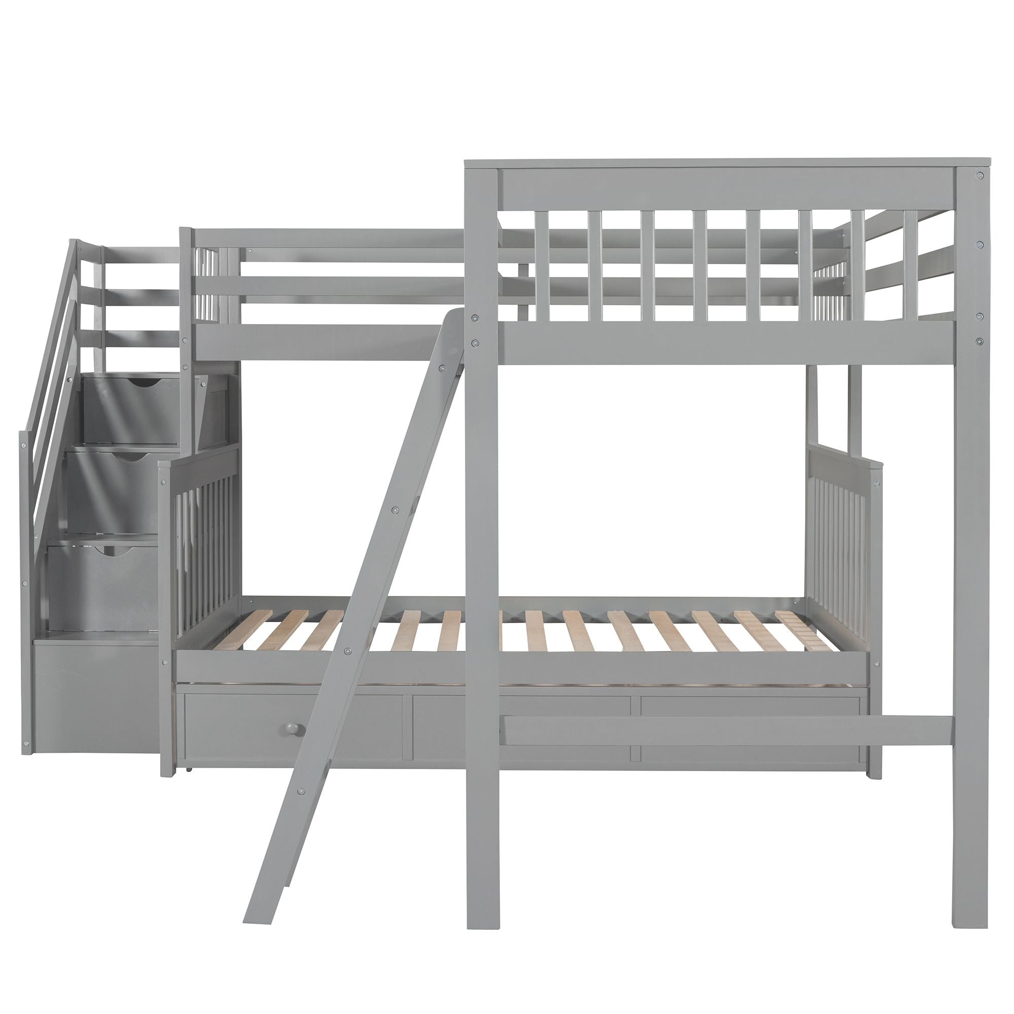 Kids Shared Room Twin Over Full L-Shaped Wood Bunk Bed with Storage Drawers and Staircase, Gray | Just Better Bunk Beds