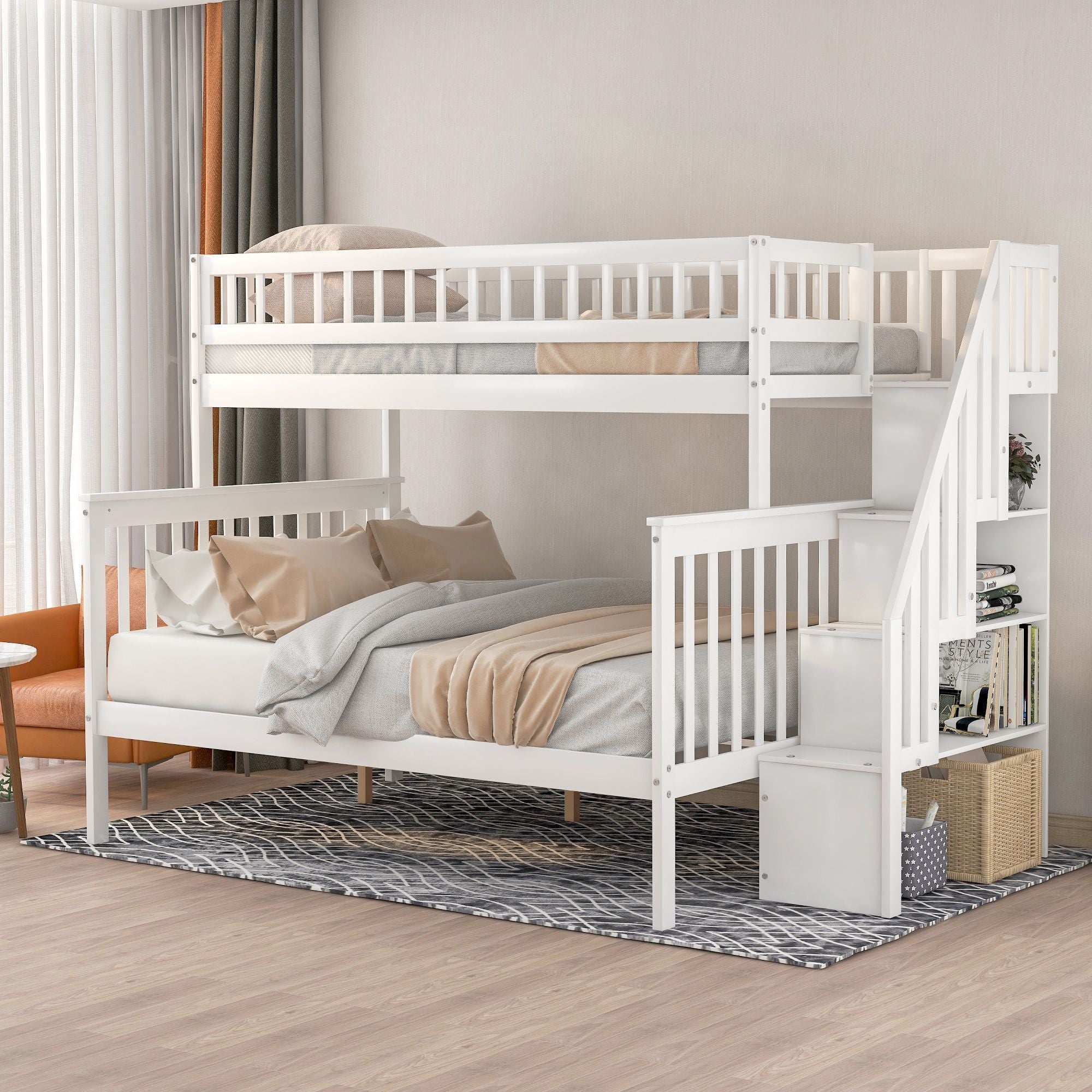 Kids Shared Room Twin over Full Stairway Bunk Bed with Storage Drawers, White Pine Wood | Just Better Bunk Beds