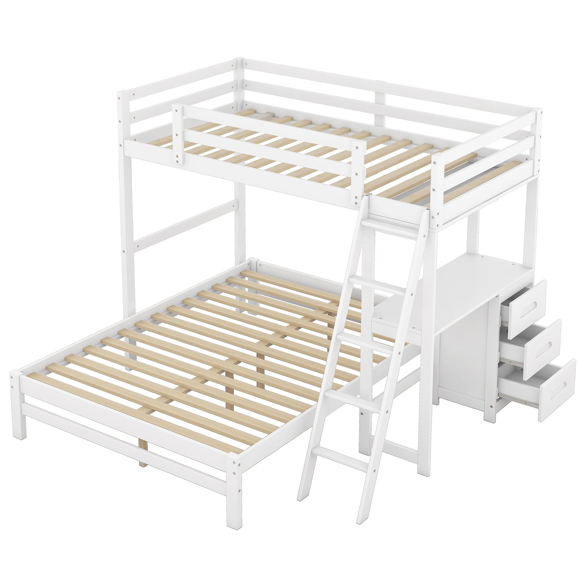 Kids Shared Room Twin Over Full Wood Bunk Bed with Built-in Desk and Three Drawers, White | Just Better Bunk Beds