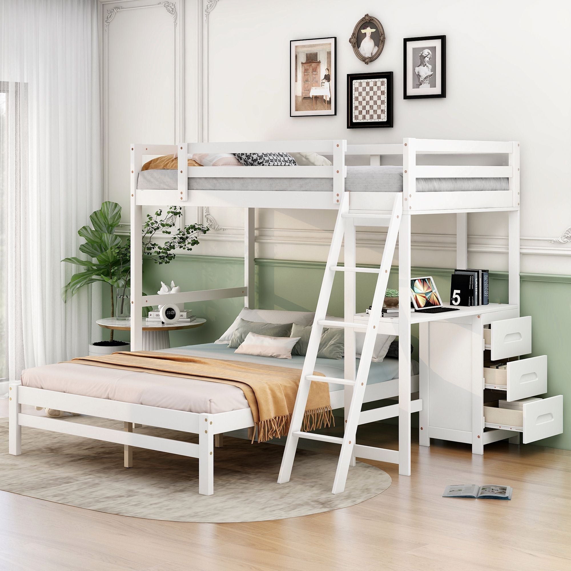 Kids Shared Room Twin Over Full Wood Bunk Bed with Built-in Desk and Three Drawers, White | Just Better Bunk Beds