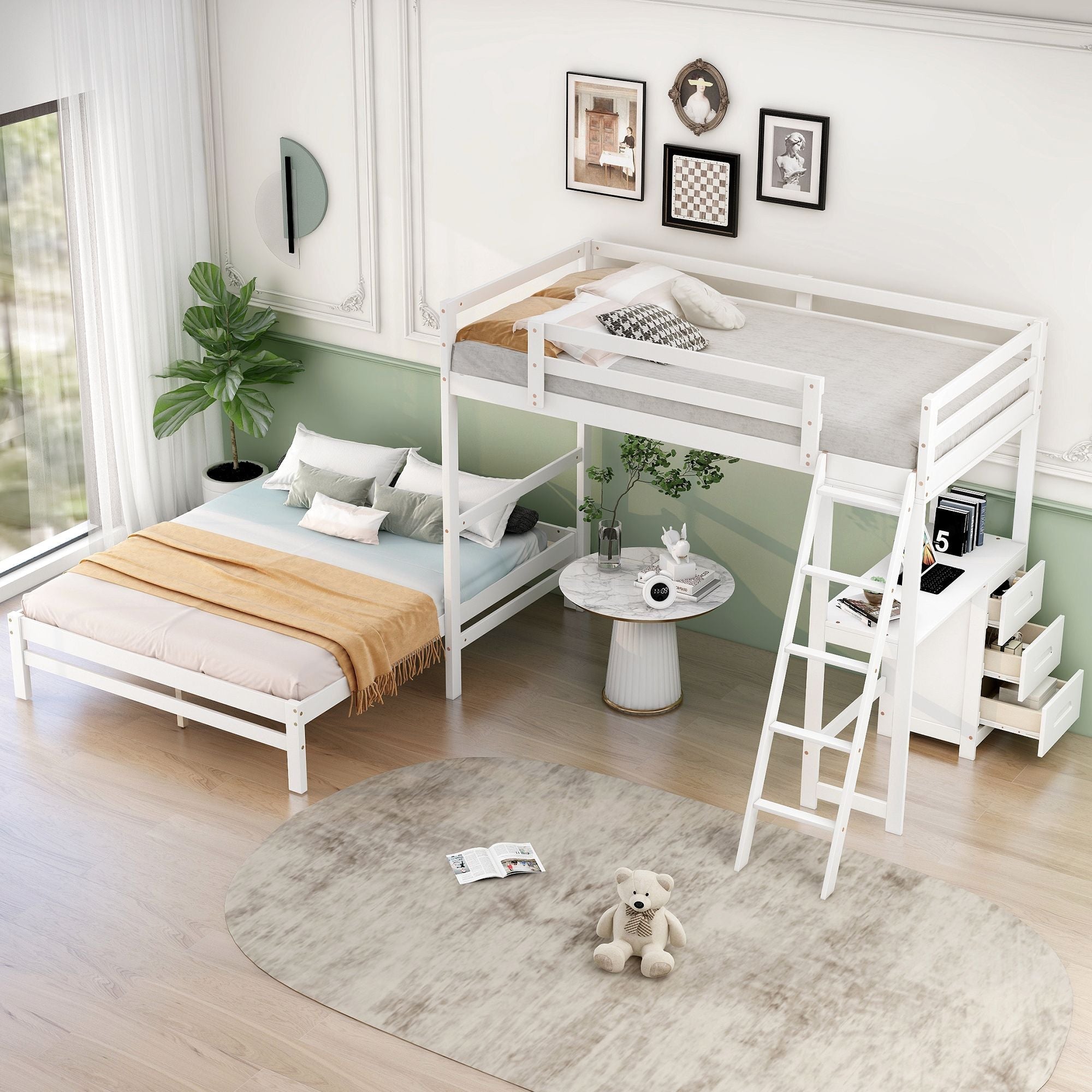Kids Shared Room Twin Over Full Wood Bunk Bed with Built-in Desk and Three Drawers, White | Just Better Bunk Beds