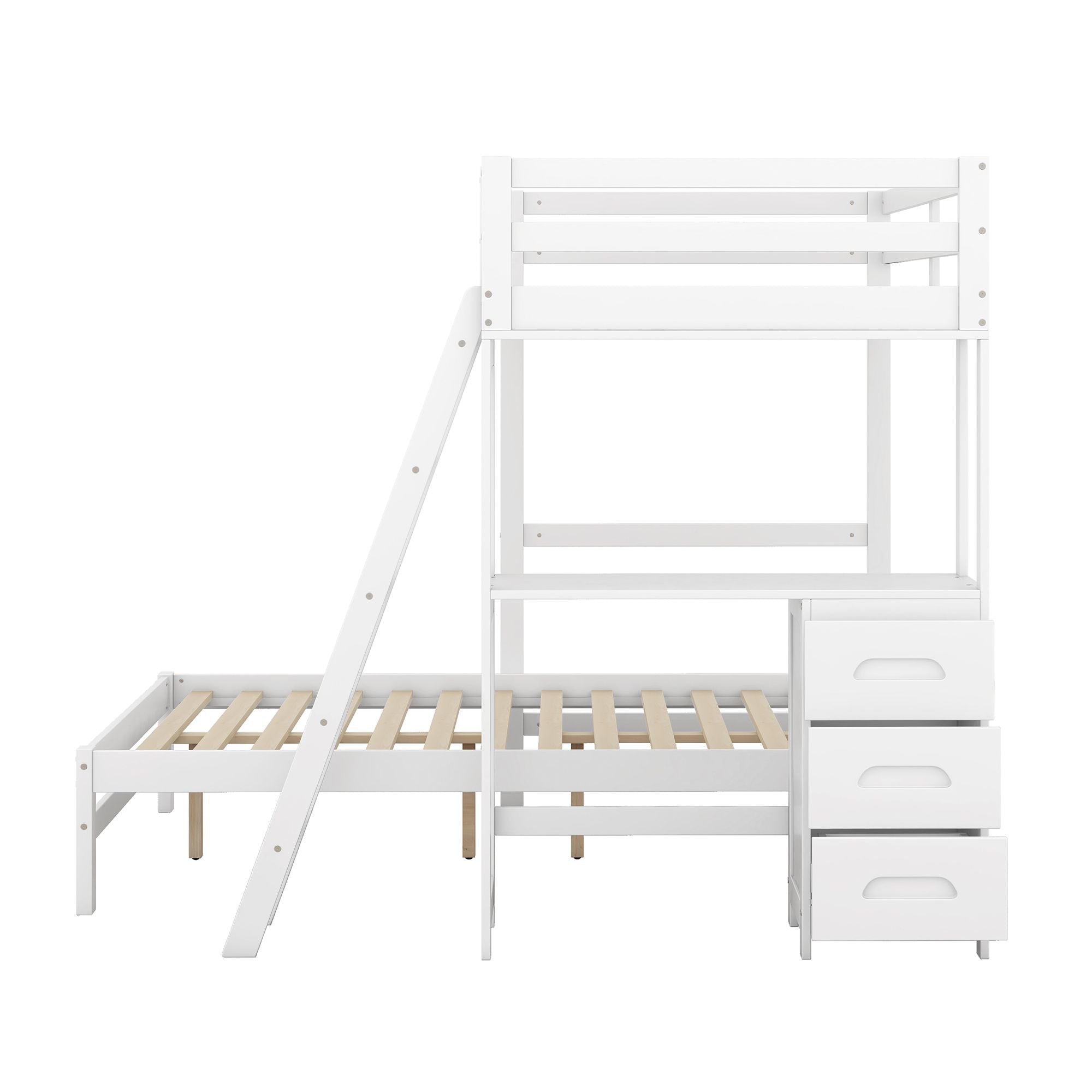 Kids Shared Room Twin Over Full Wood Bunk Bed with Built-in Desk and Three Drawers, White | Just Better Bunk Beds
