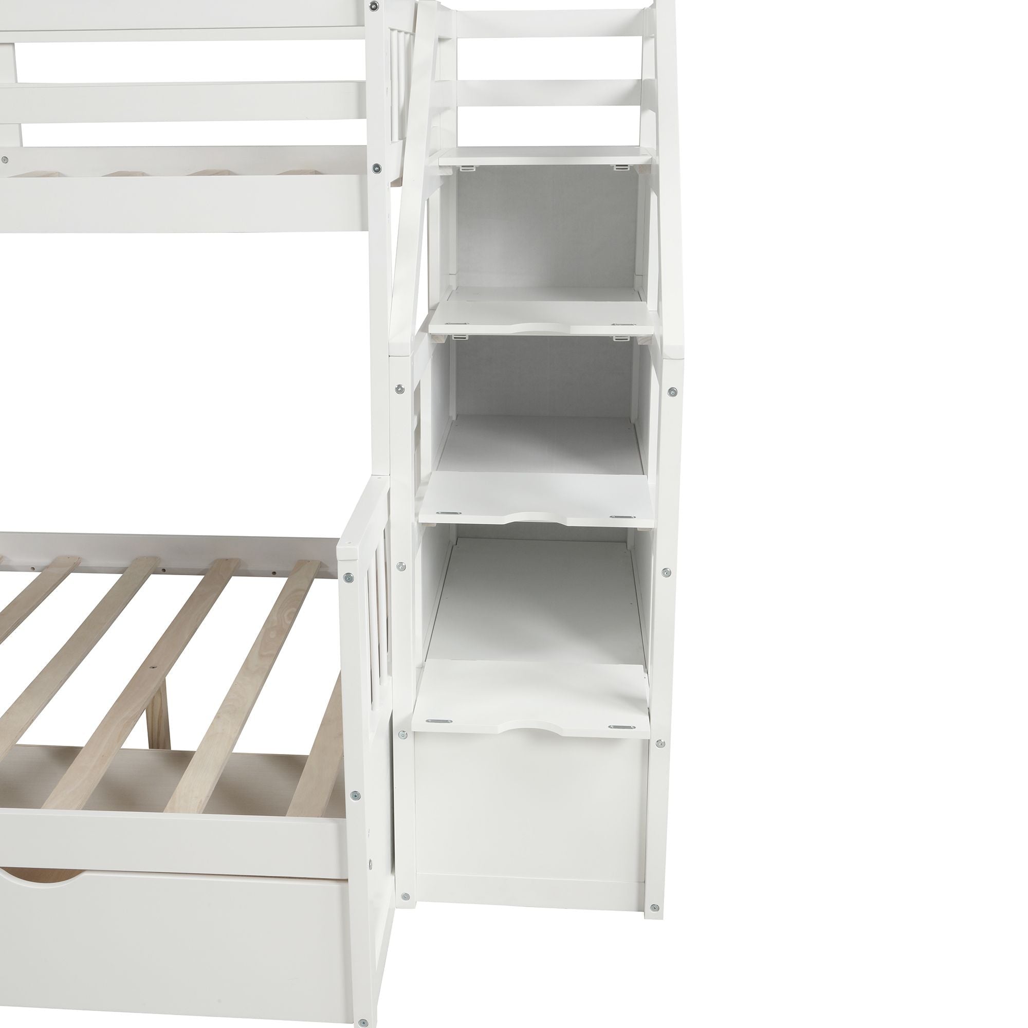 Kids Shared Room Twin Over Full Wood Bunk Bed with Drawers, Slide, and Stairs in White | Just Better Bunk Beds