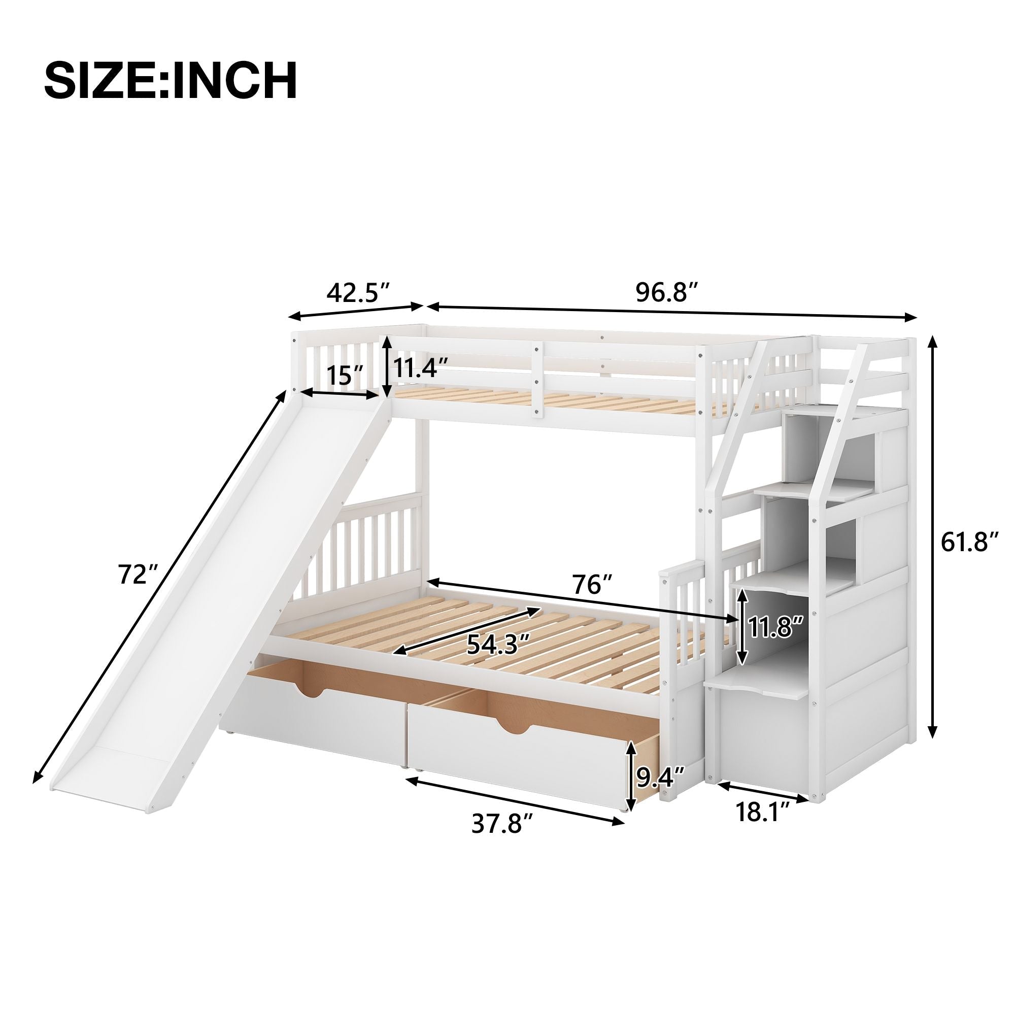 Kids Shared Room Twin Over Full Wood Bunk Bed with Drawers, Slide, and Stairs in White | Just Better Bunk Beds