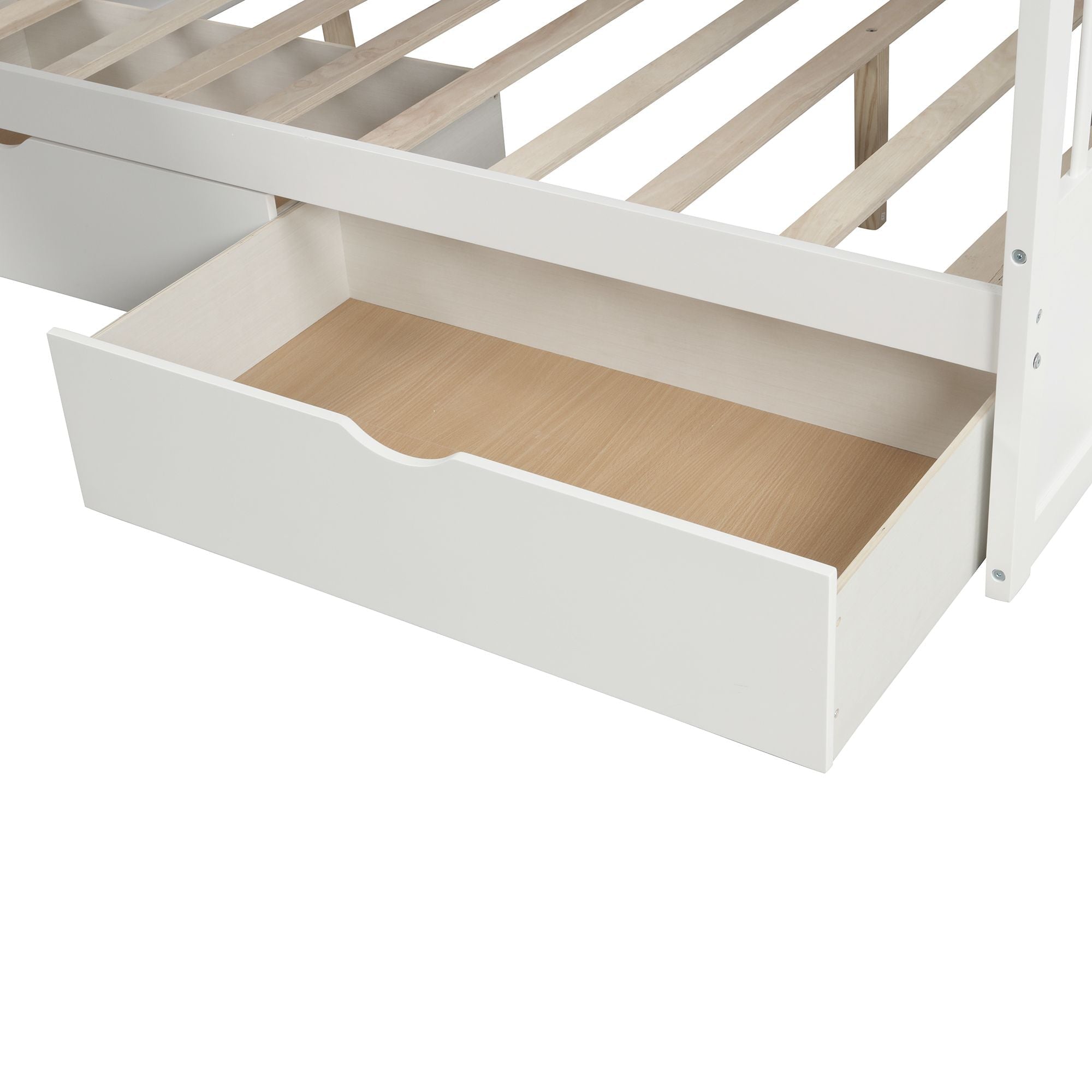 Kids Shared Room Twin Over Full Wood Bunk Bed with Drawers, Slide, and Stairs in White | Just Better Bunk Beds