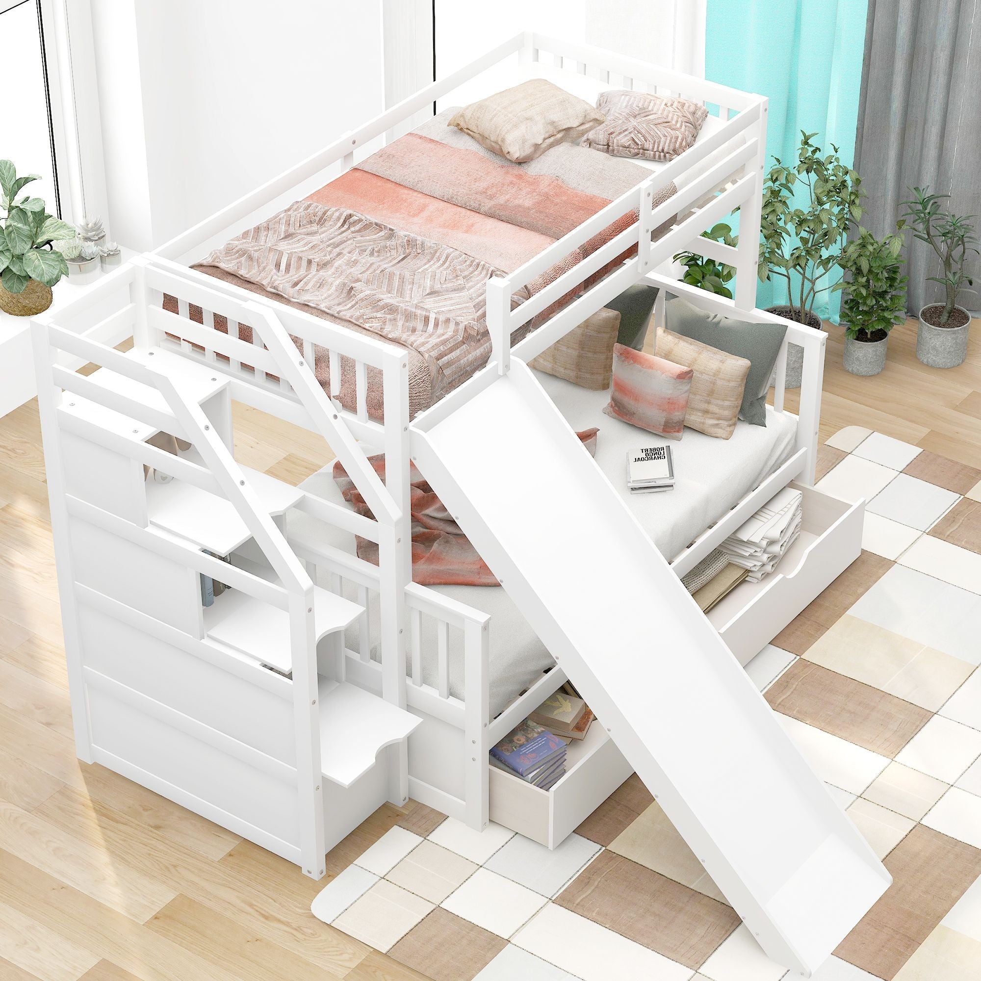 Kids Shared Room Twin Over Full Wood Bunk Bed with Drawers, Slide, and Stairs in White | Just Better Bunk Beds