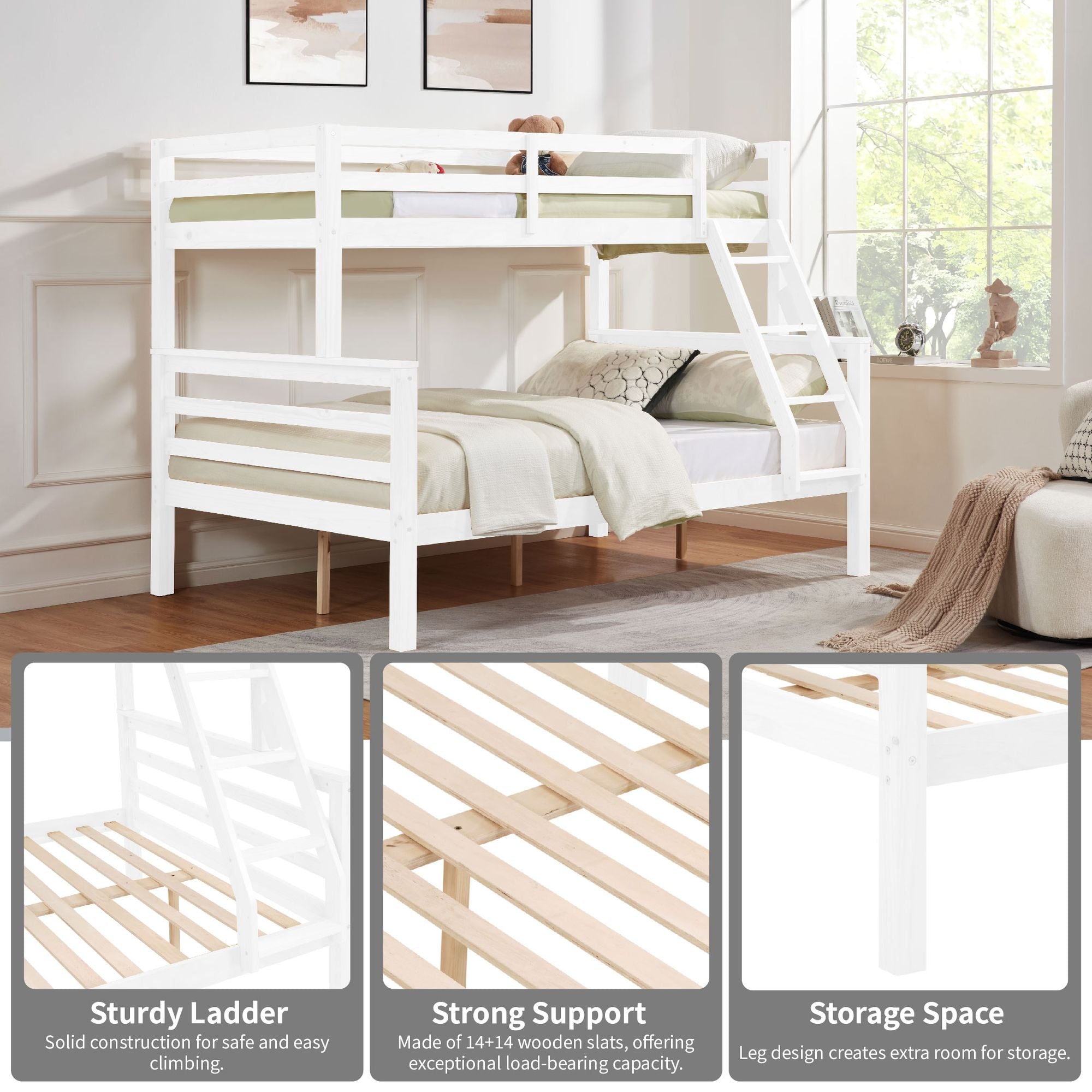 Kids Shared Room Twin Over Full Wood Bunk Bed with High Guardrail Ladder White | Just Better Bunk Beds