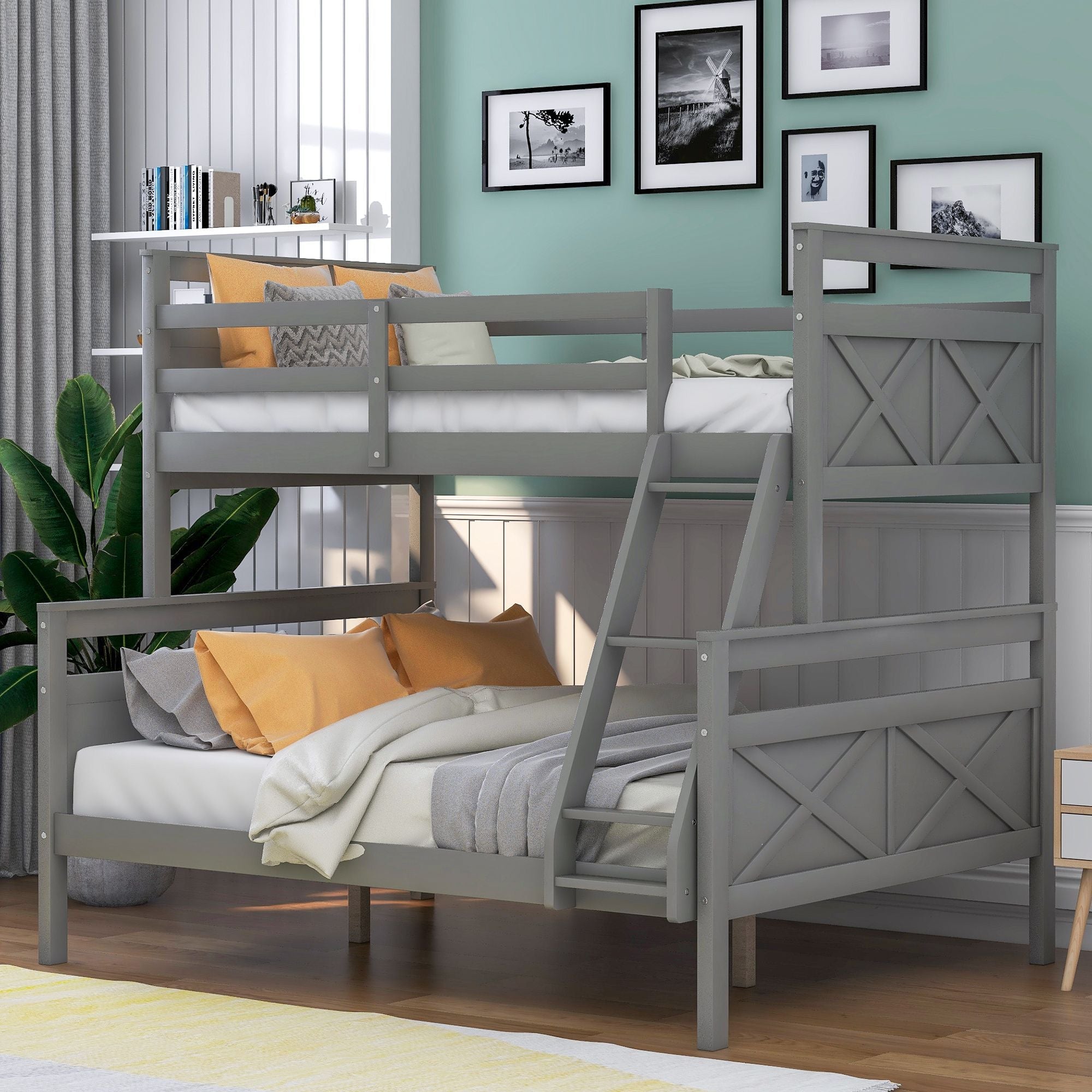 Kids Shared Room Twin Over Full Wood Bunk Bed with Ladder and Safety Guardrail, Gray | Just Better Bunk Beds