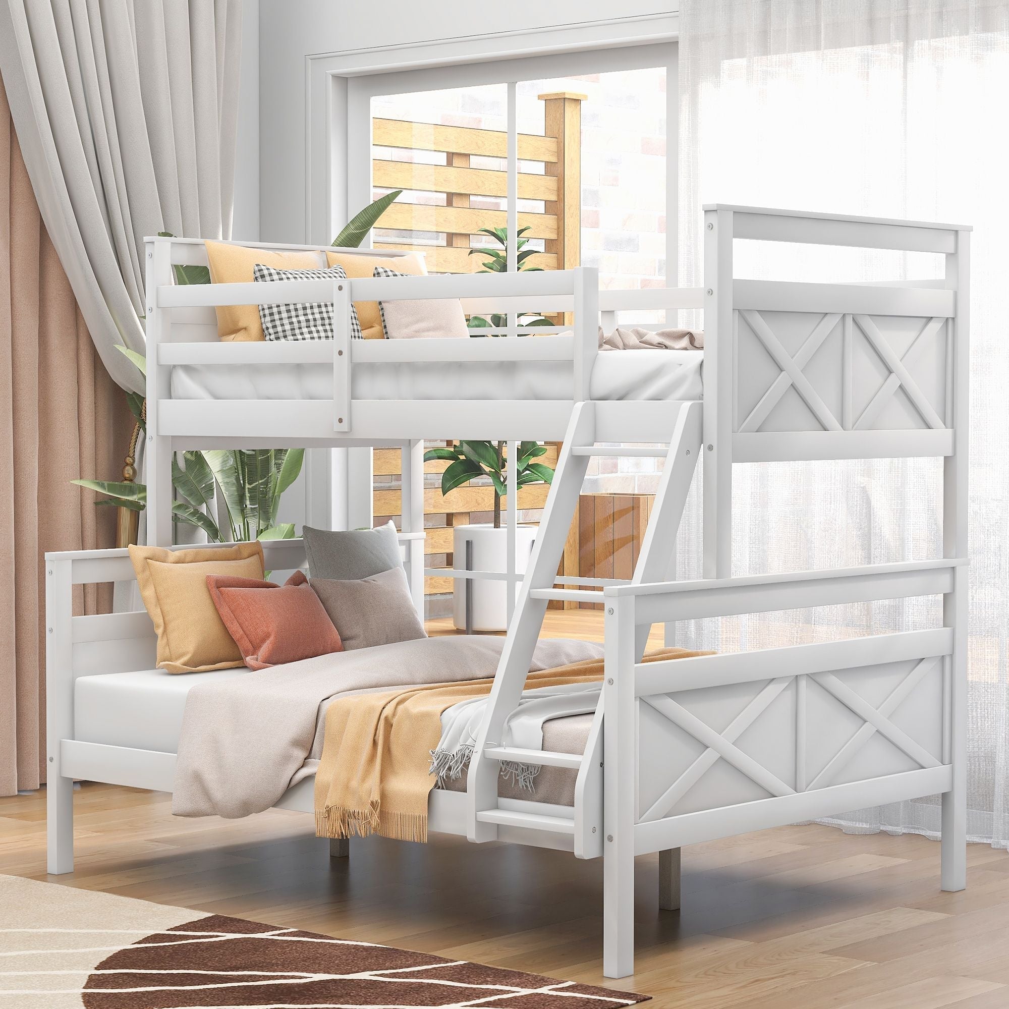 Kids Shared Room Twin Over Full Wood Bunk Bed with Ladder and Safety Guardrail, Gray | Just Better Bunk Beds