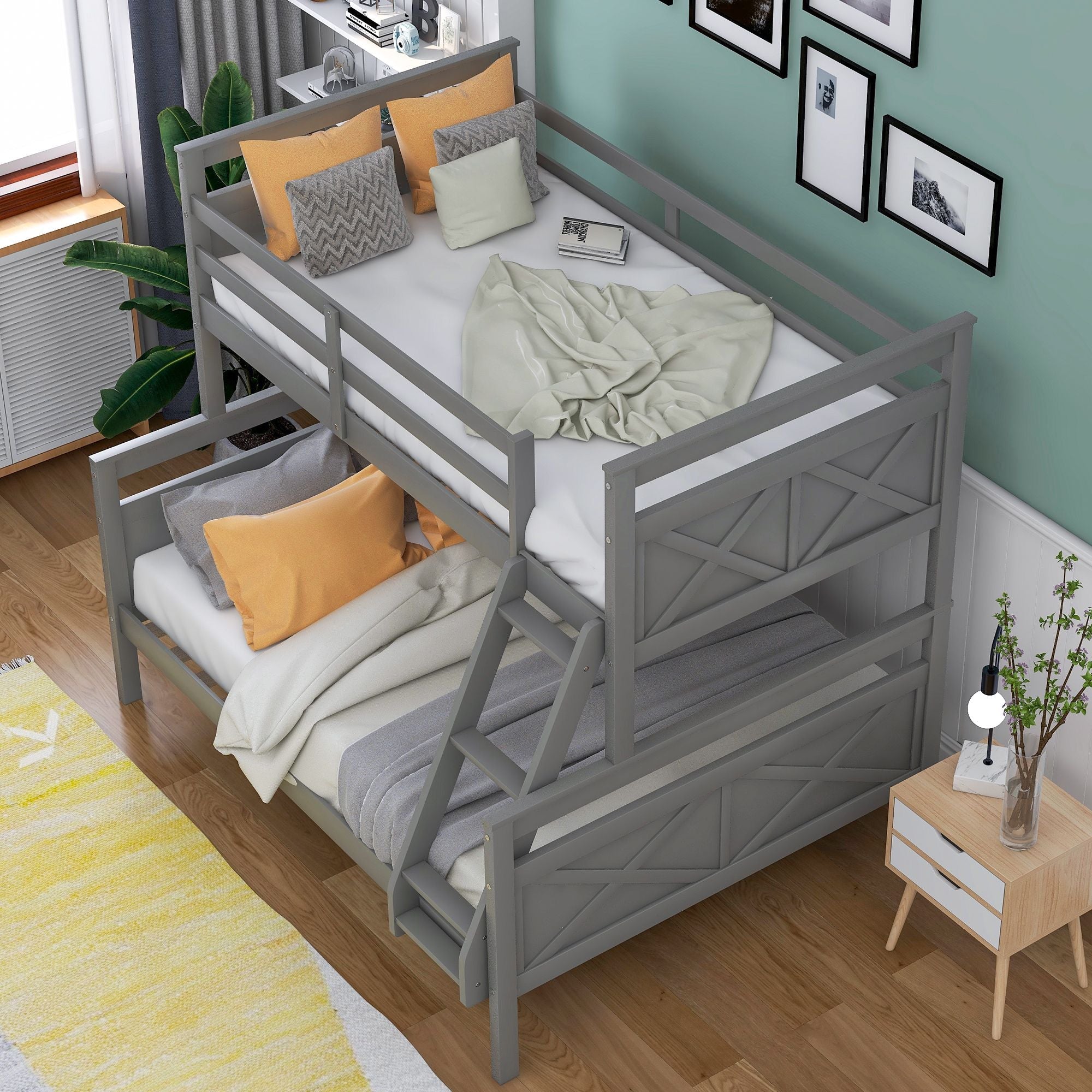 Kids Shared Room Twin Over Full Wood Bunk Bed with Ladder and Safety Guardrail, Gray | Just Better Bunk Beds