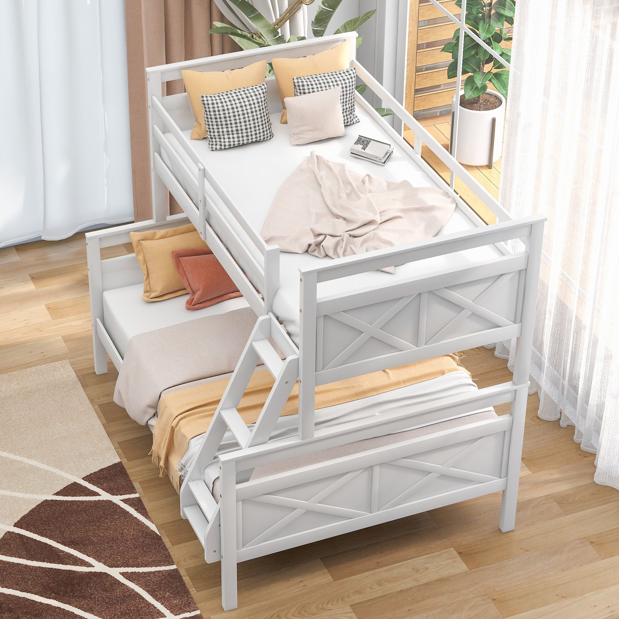 Kids Shared Room Twin Over Full Wood Bunk Bed with Ladder and Safety Guardrail, Gray | Just Better Bunk Beds