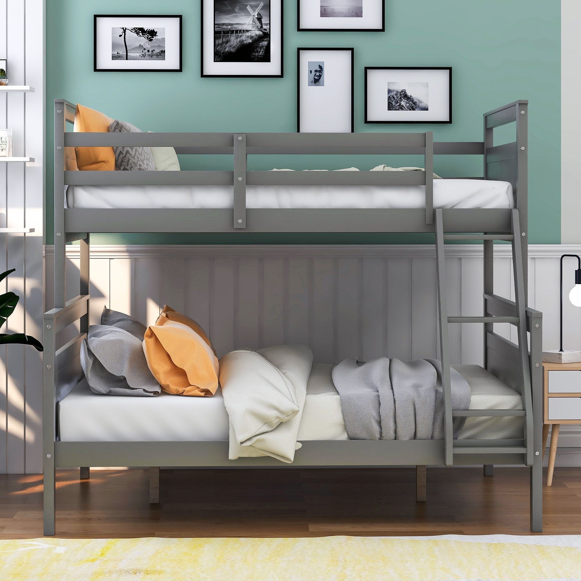 Kids Shared Room Twin Over Full Wood Bunk Bed with Ladder and Safety Guardrail, Gray | Just Better Bunk Beds