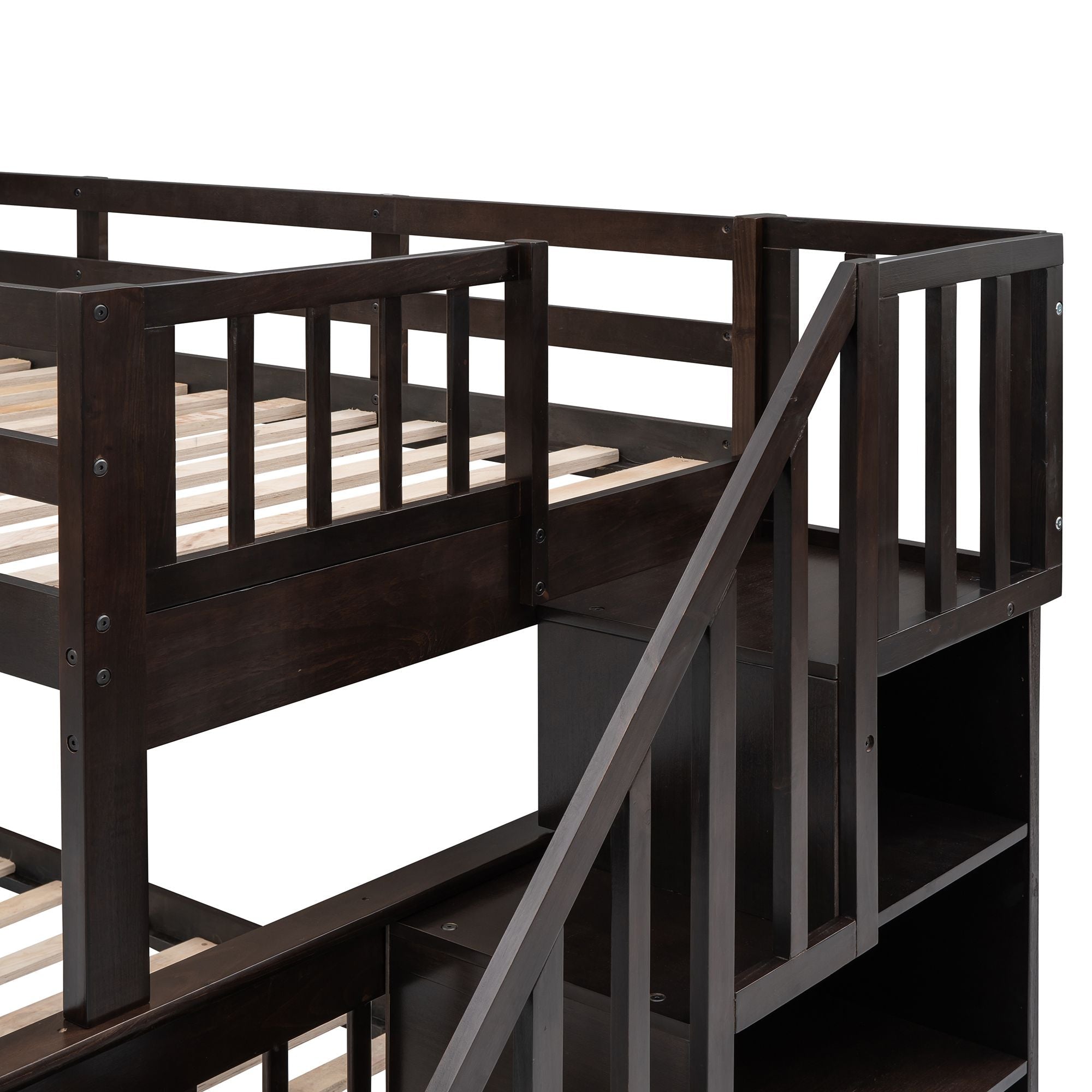Kids Shared Room Twin Over Full Wood Bunk Bed with Stair Storage Drawers and Guardrails, Espresso | Just Better Bunk Beds