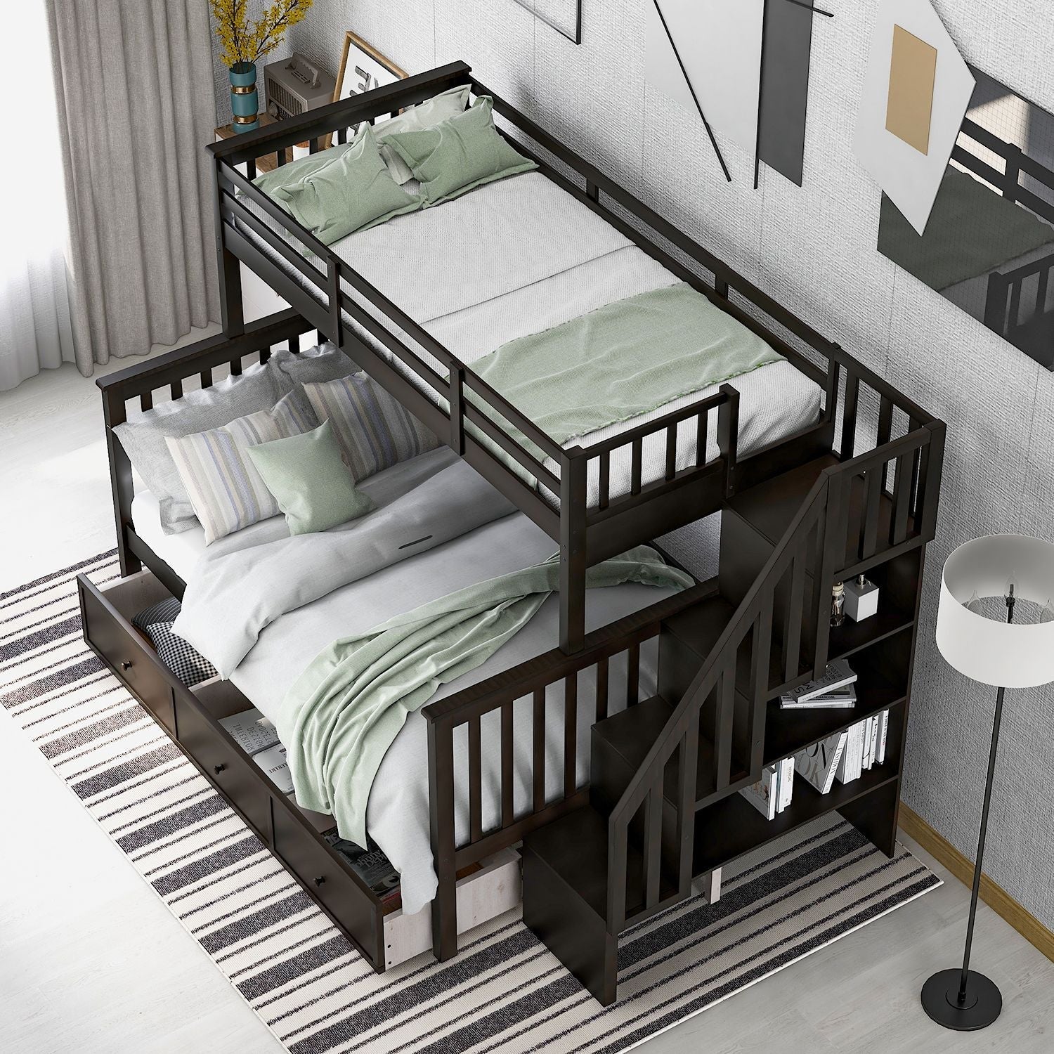 Kids Shared Room Twin Over Full Wood Bunk Bed with Stair Storage Drawers and Guardrails, Espresso | Just Better Bunk Beds