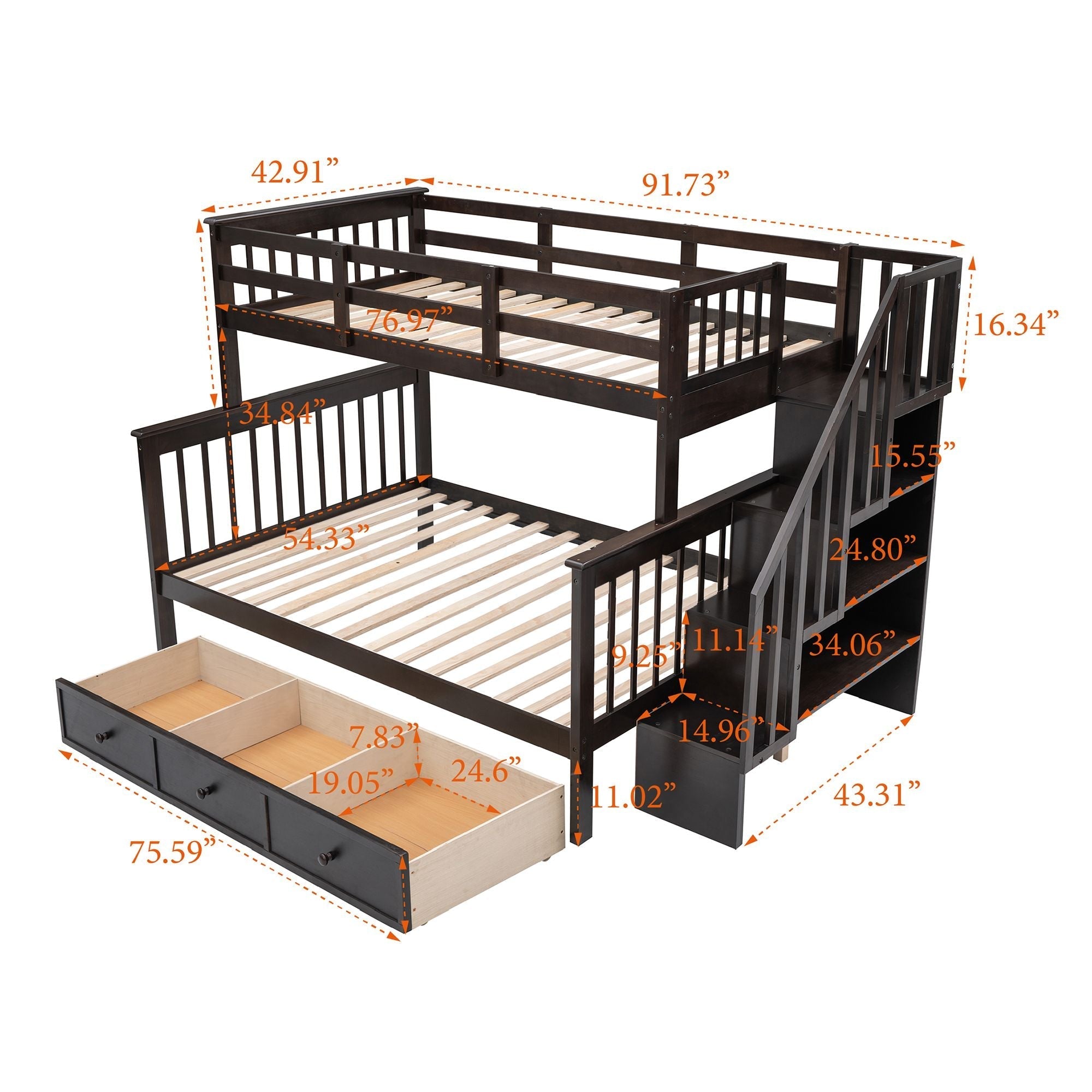 Kids Shared Room Twin Over Full Wood Bunk Bed with Stair Storage Drawers and Guardrails, Espresso | Just Better Bunk Beds