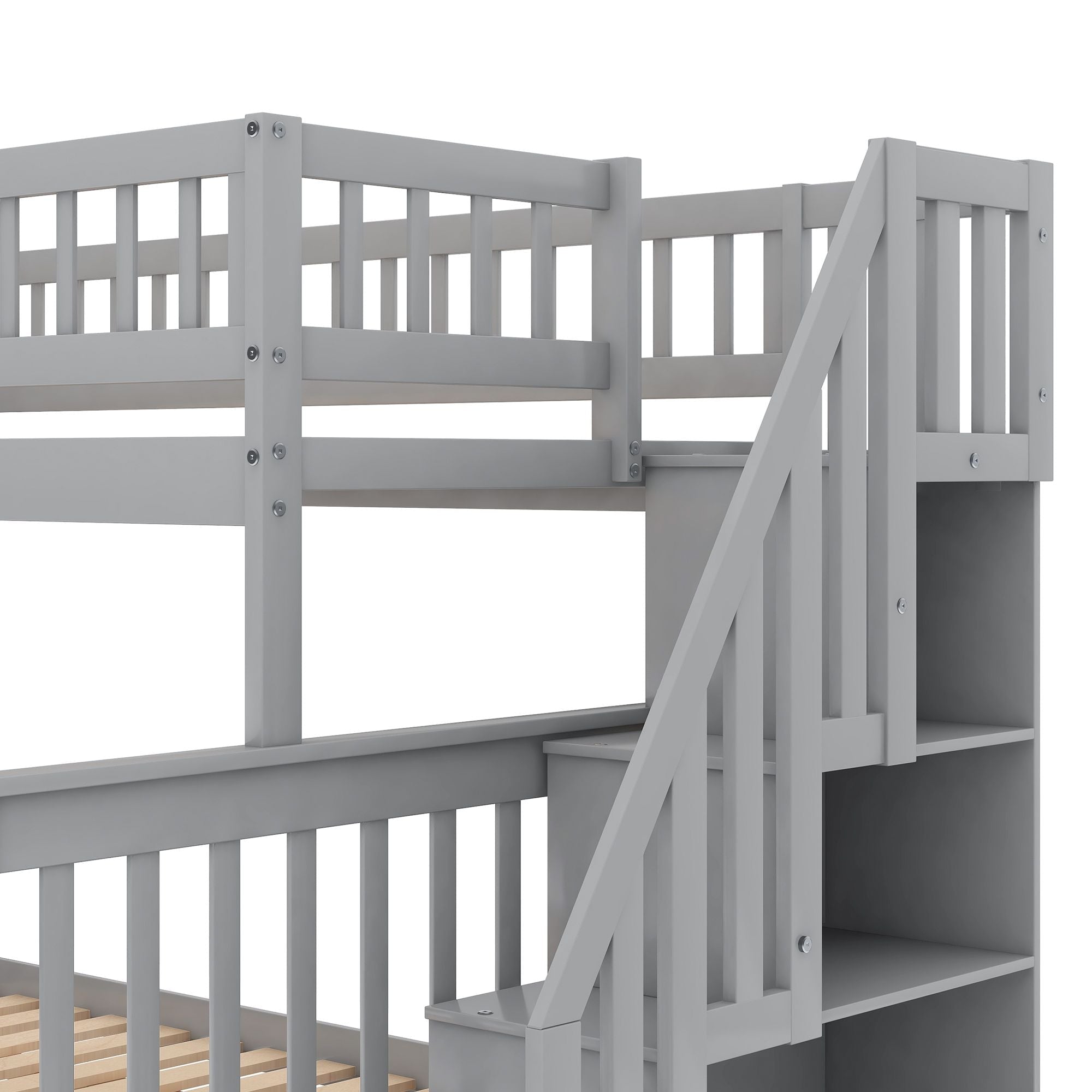 Kids Shared Room Twin Over Full Wood Bunk Bed with Staircase Storage and Trundle, Gray | Just Better Bunk Beds