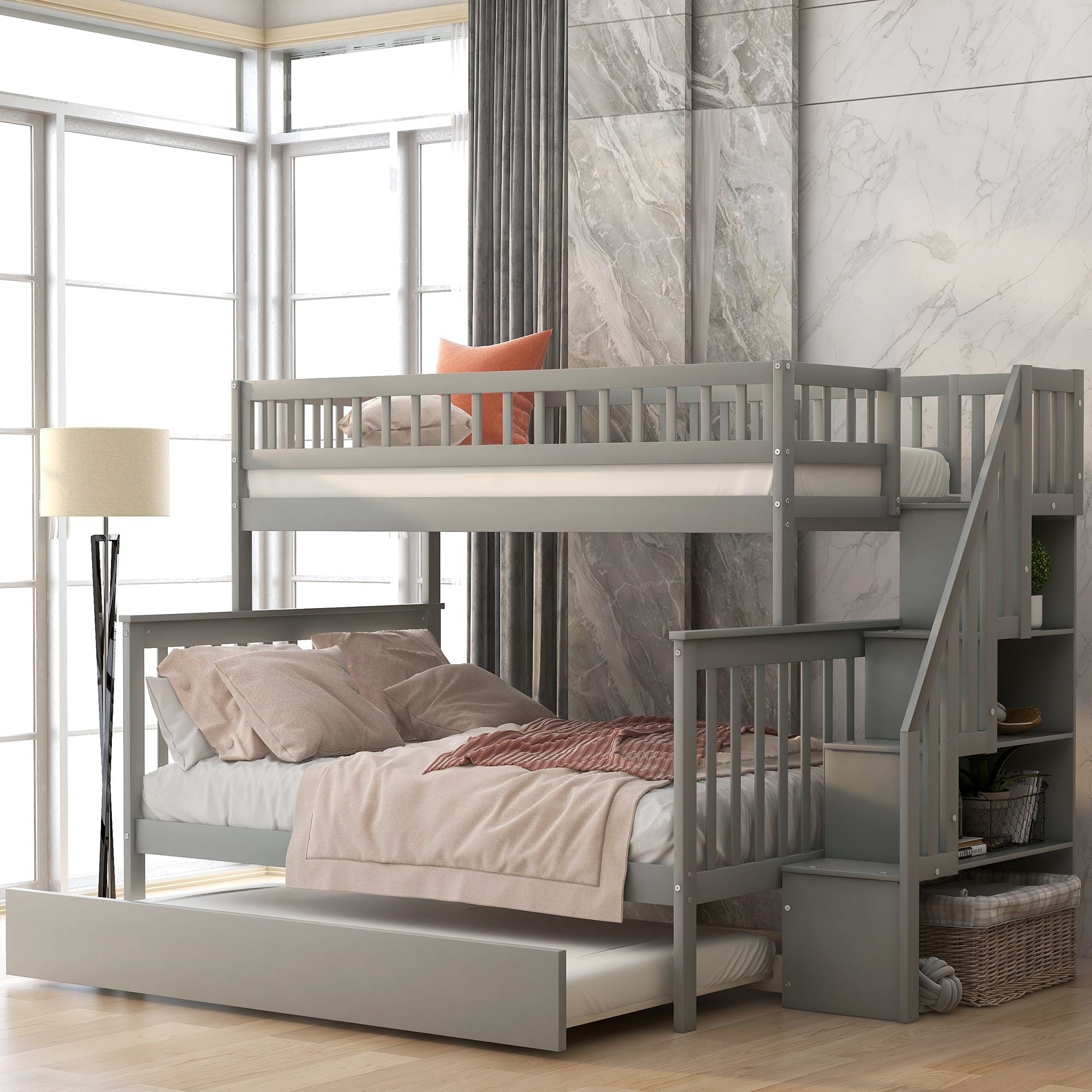 Kids Shared Room Twin Over Full Wood Bunk Bed with Staircase Storage and Trundle, Gray | Just Better Bunk Beds