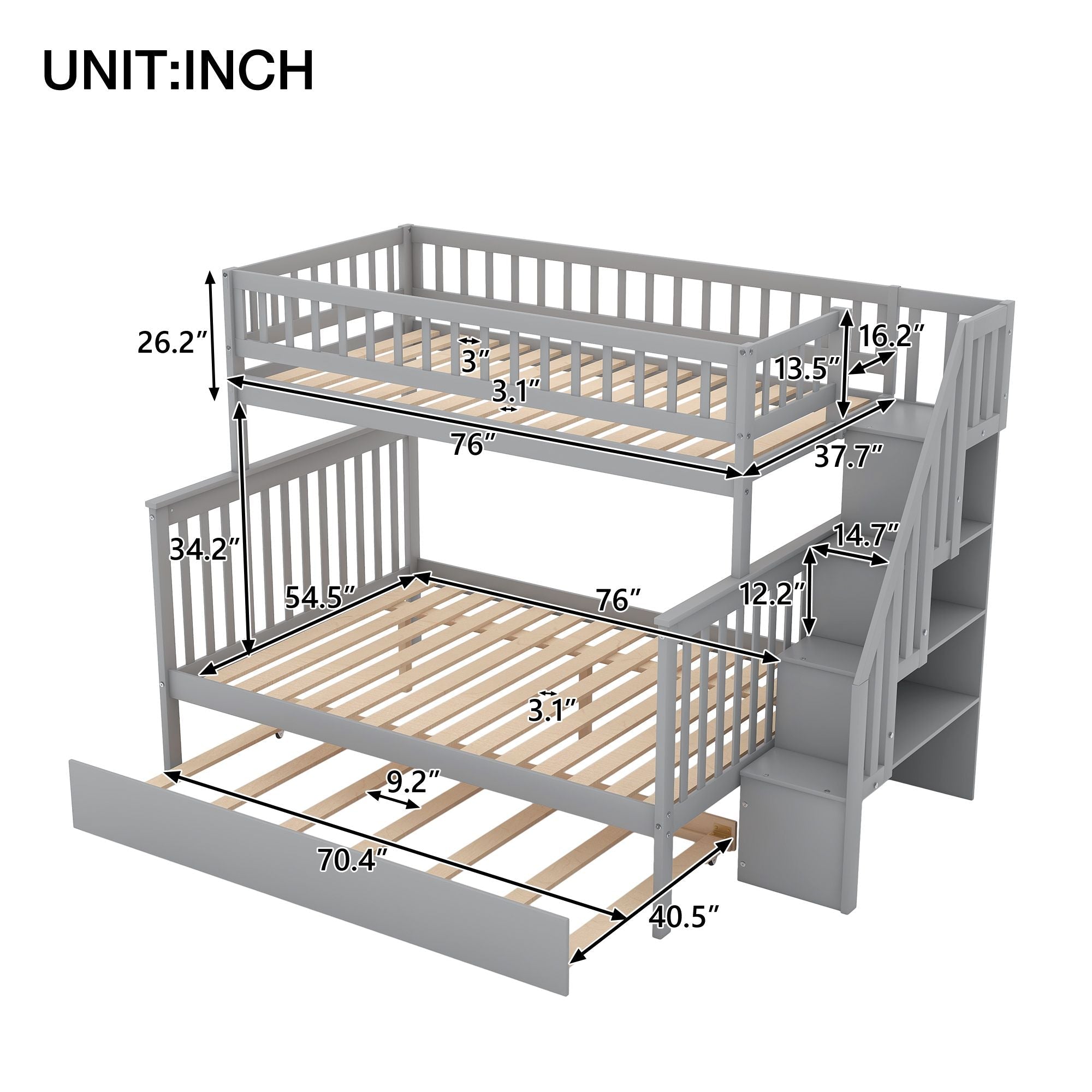 Kids Shared Room Twin Over Full Wood Bunk Bed with Staircase Storage and Trundle, Gray | Just Better Bunk Beds