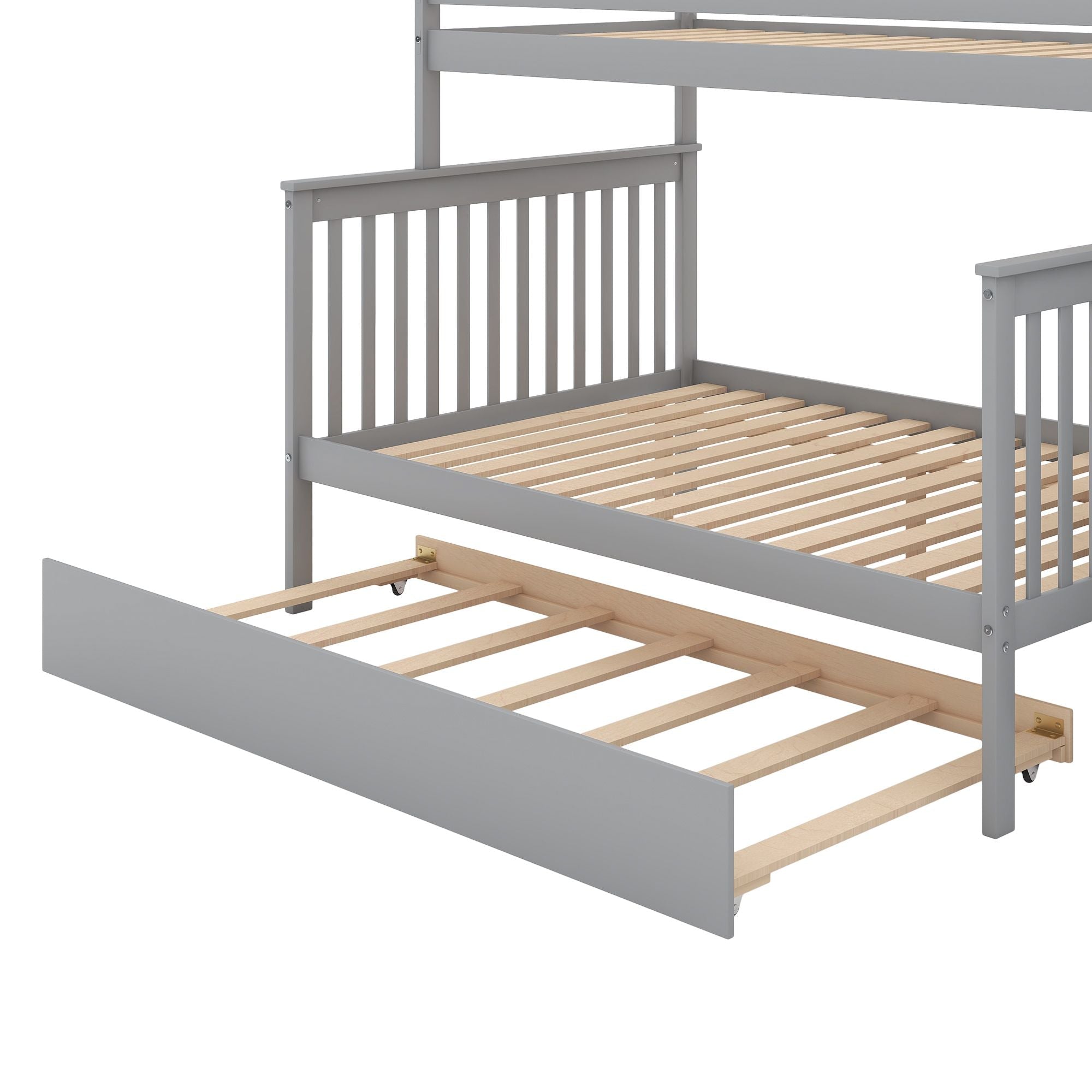 Kids Shared Room Twin Over Full Wood Bunk Bed with Staircase Storage and Trundle, Gray | Just Better Bunk Beds