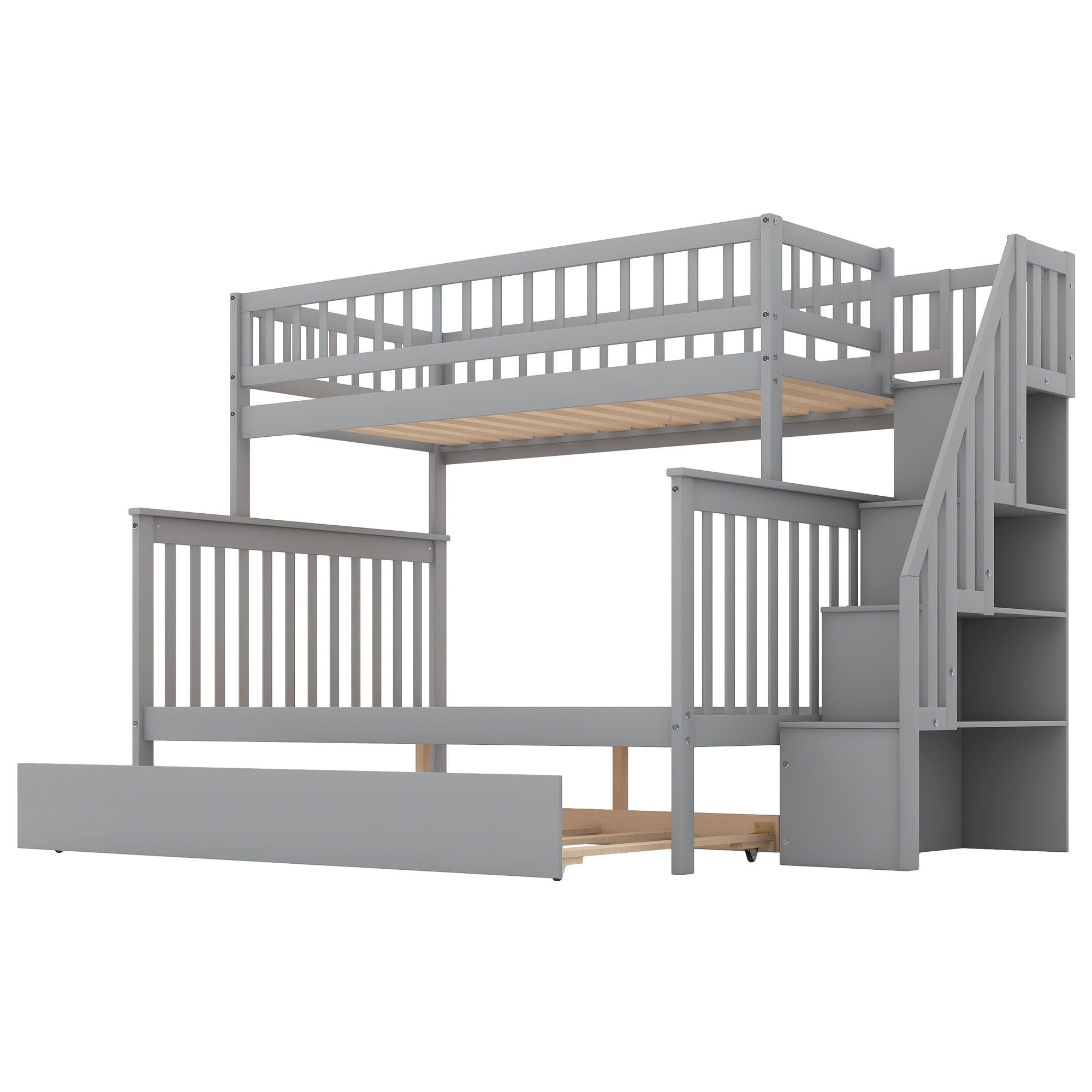 Kids Shared Room Twin Over Full Wood Bunk Bed with Staircase Storage and Trundle, Gray | Just Better Bunk Beds