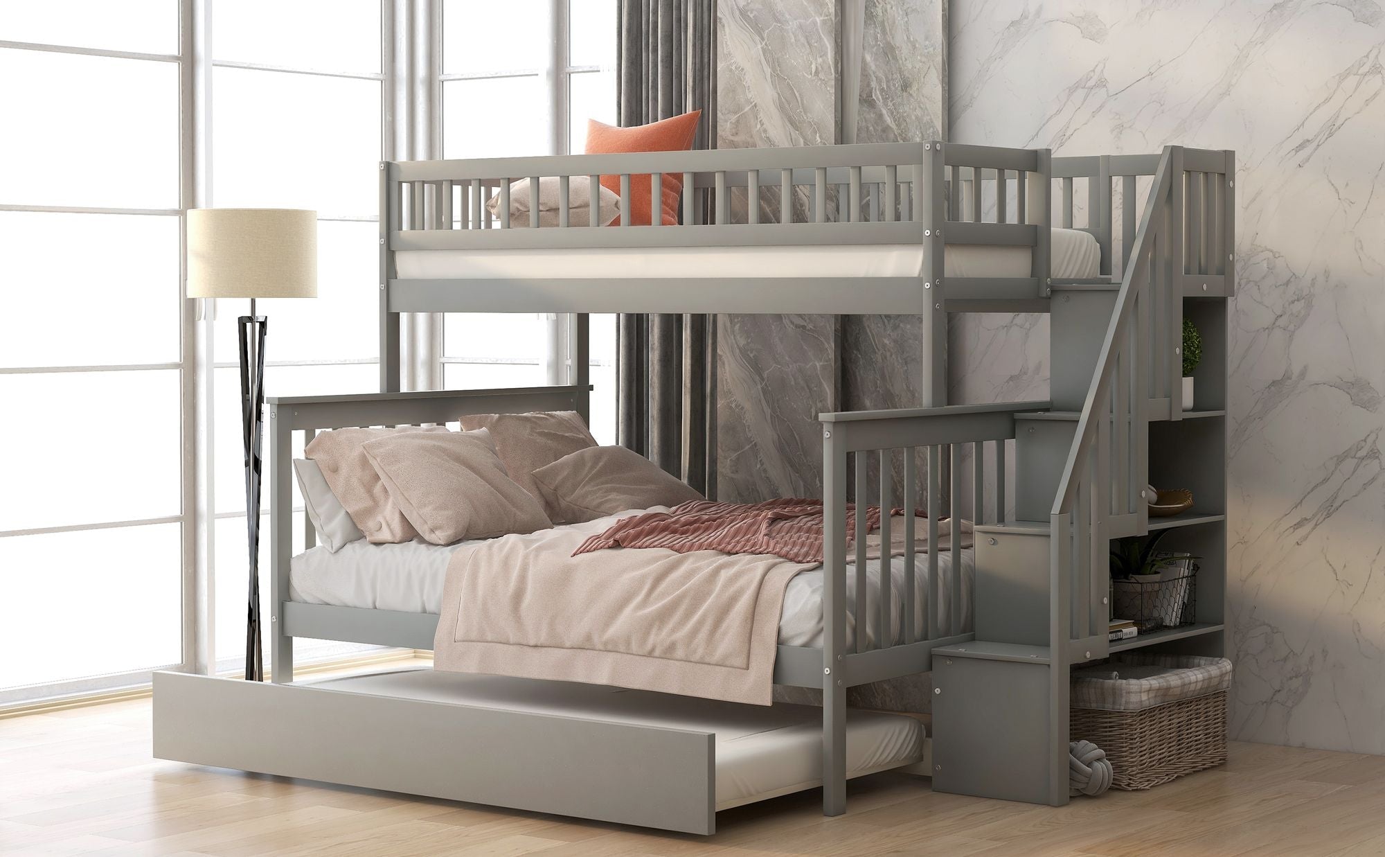 Kids Shared Room Twin Over Full Wood Bunk Bed with Staircase Storage and Trundle, Gray | Just Better Bunk Beds