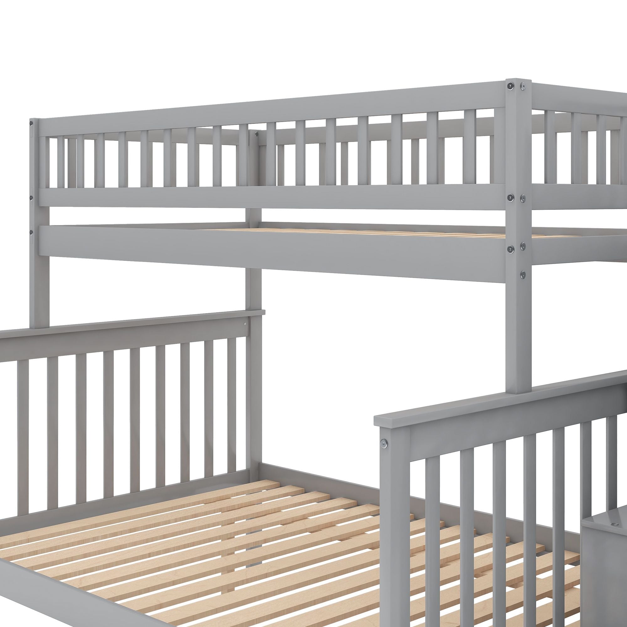 Kids Shared Room Twin Over Full Wood Bunk Bed with Staircase Storage and Trundle, Gray | Just Better Bunk Beds