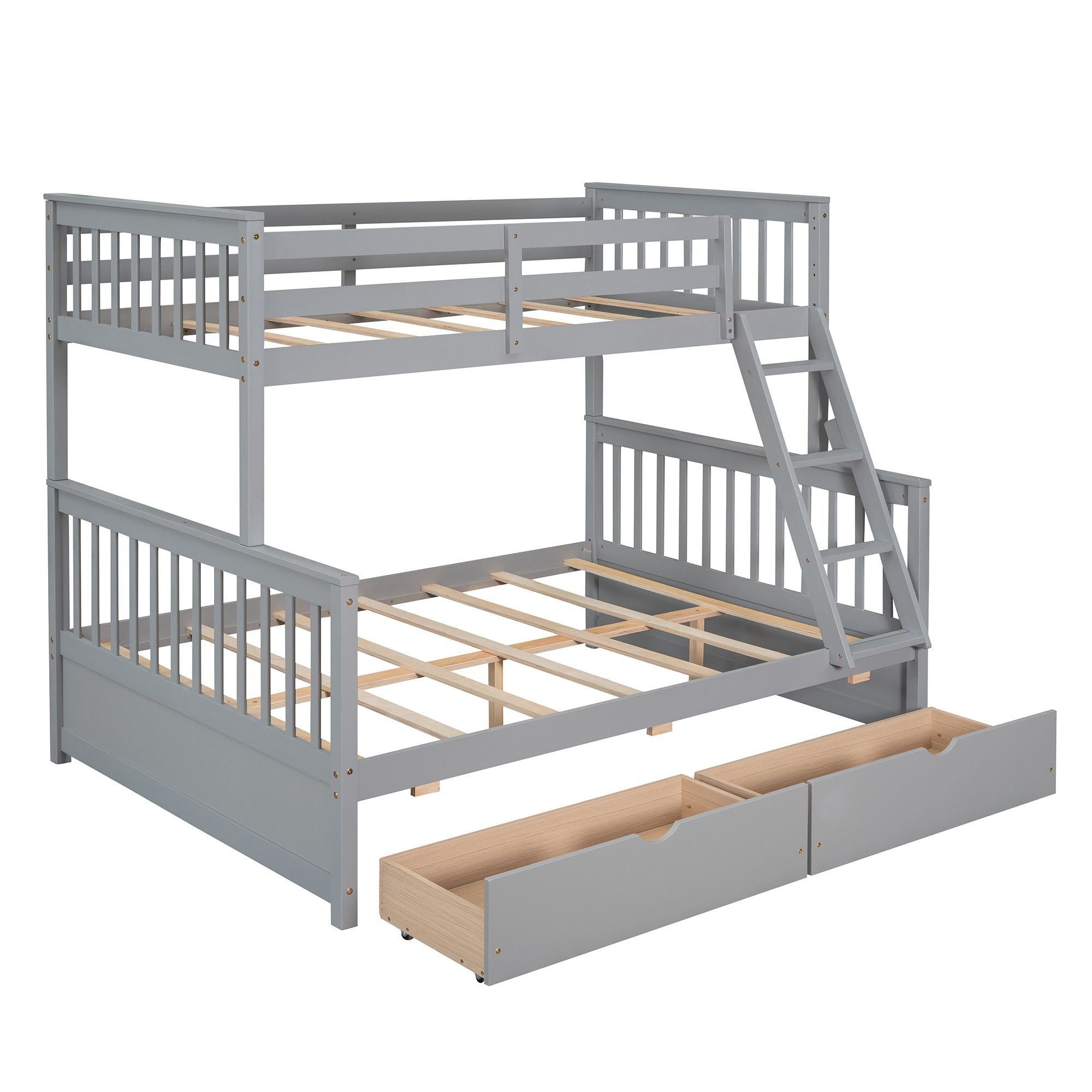 Kids Shared Room Twin Over Full Wood Bunk Bed with Storage Drawers and Ladders, Gray | Just Better Bunk Beds