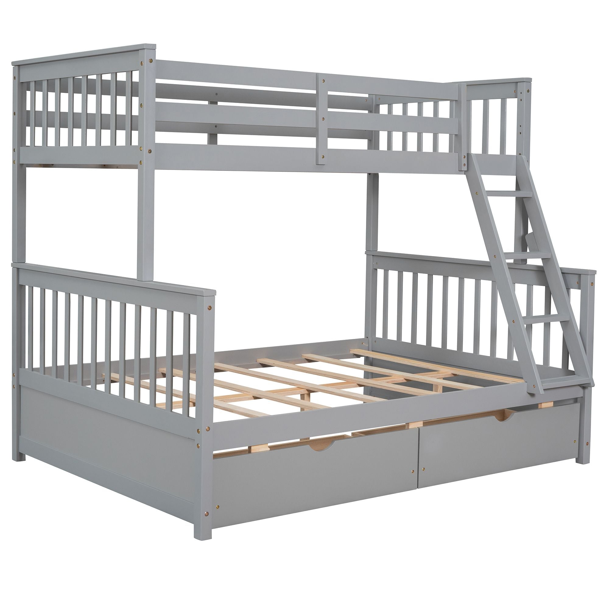 Kids Shared Room Twin Over Full Wood Bunk Bed with Storage Drawers and Ladders, Gray | Just Better Bunk Beds