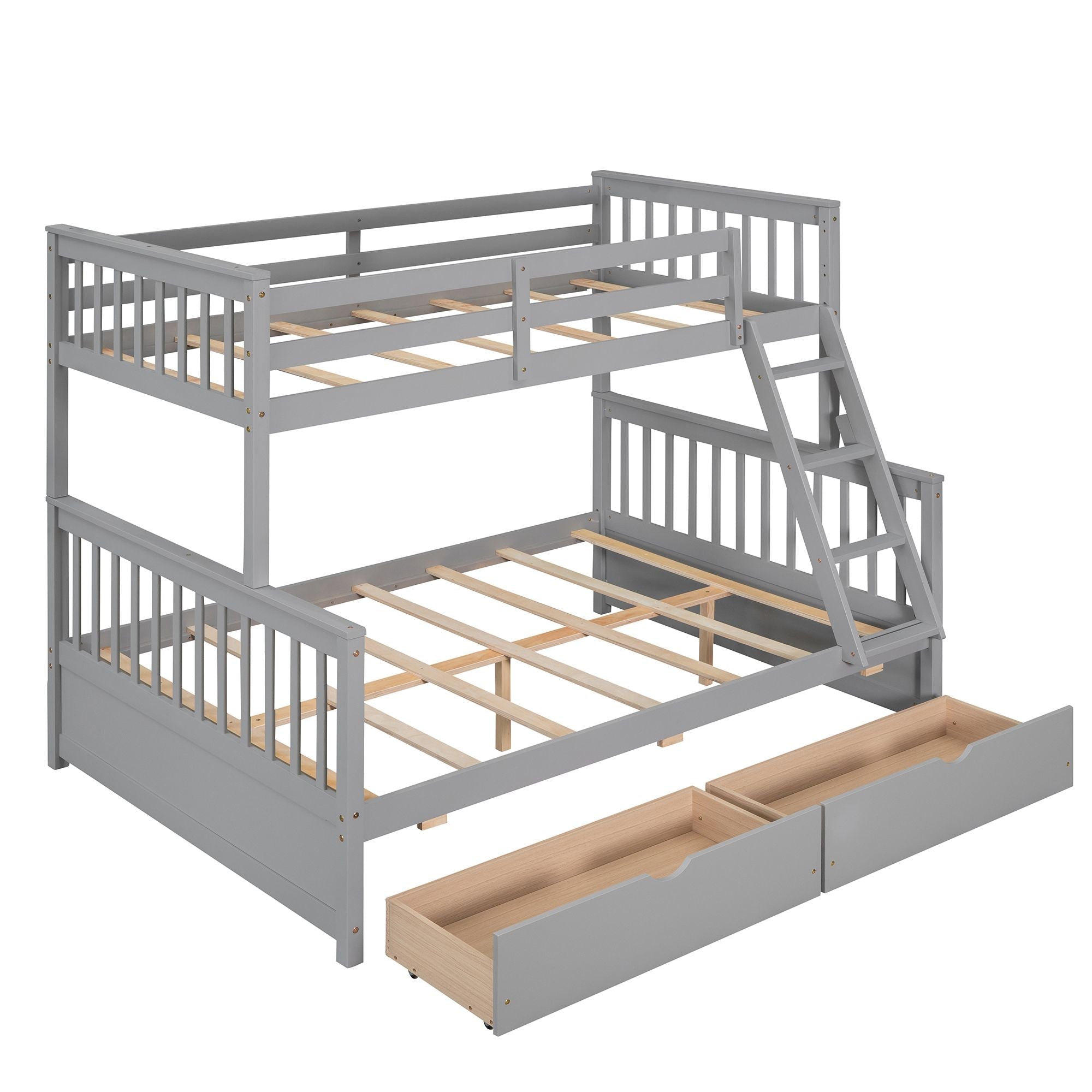 Kids Shared Room Twin Over Full Wood Bunk Bed with Storage Drawers and Ladders, Gray | Just Better Bunk Beds