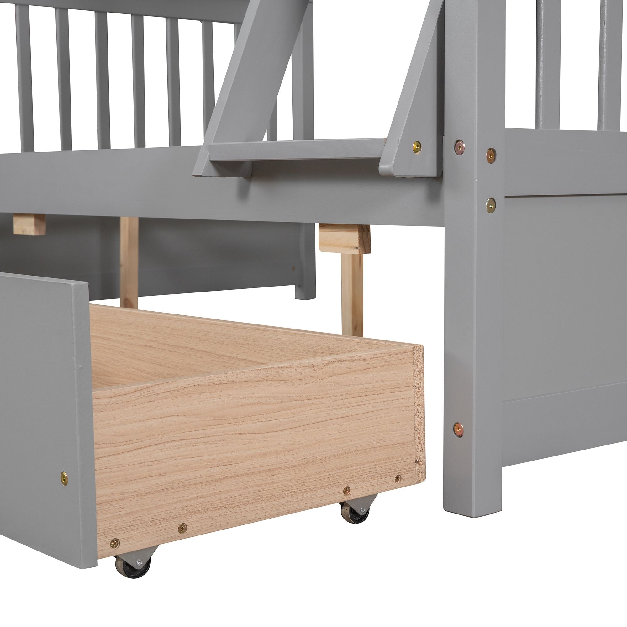 Kids Shared Room Twin Over Full Wood Bunk Bed with Storage Drawers and Ladders, Gray | Just Better Bunk Beds