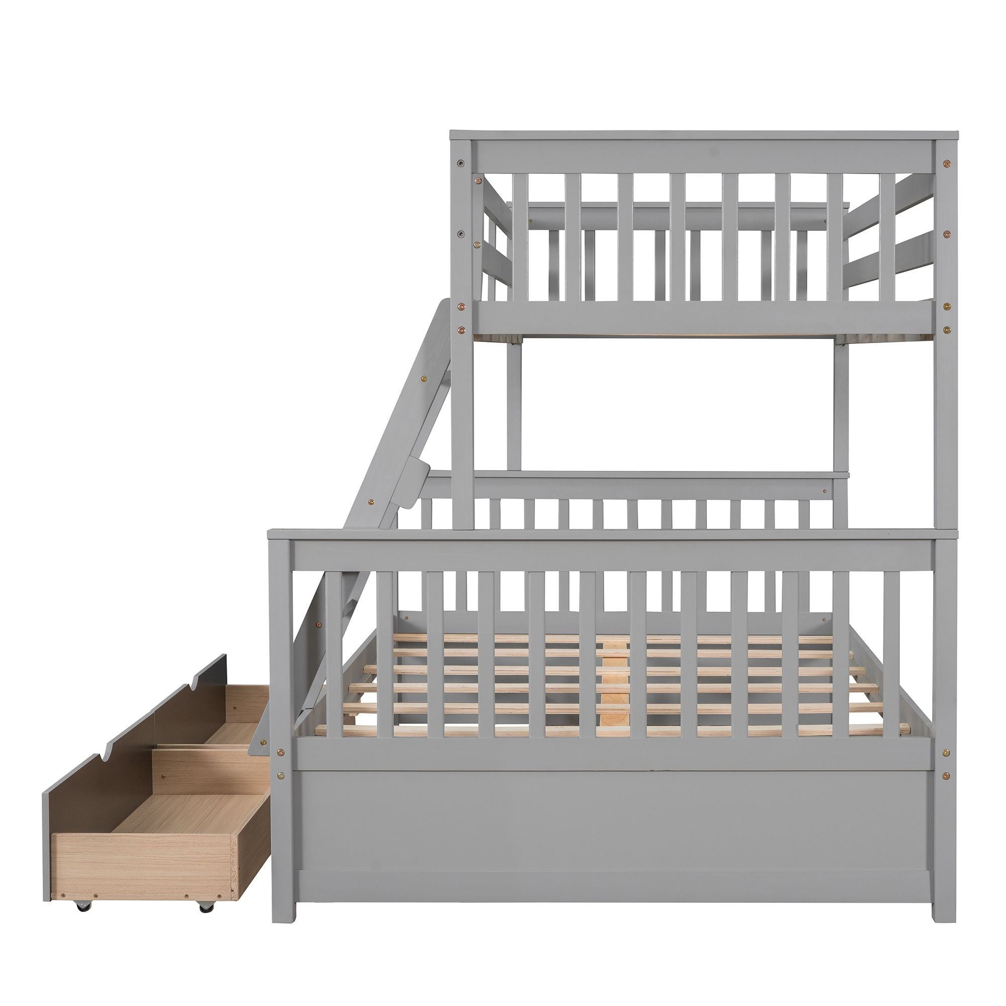 Kids Shared Room Twin Over Full Wood Bunk Bed with Storage Drawers and Ladders, Gray | Just Better Bunk Beds