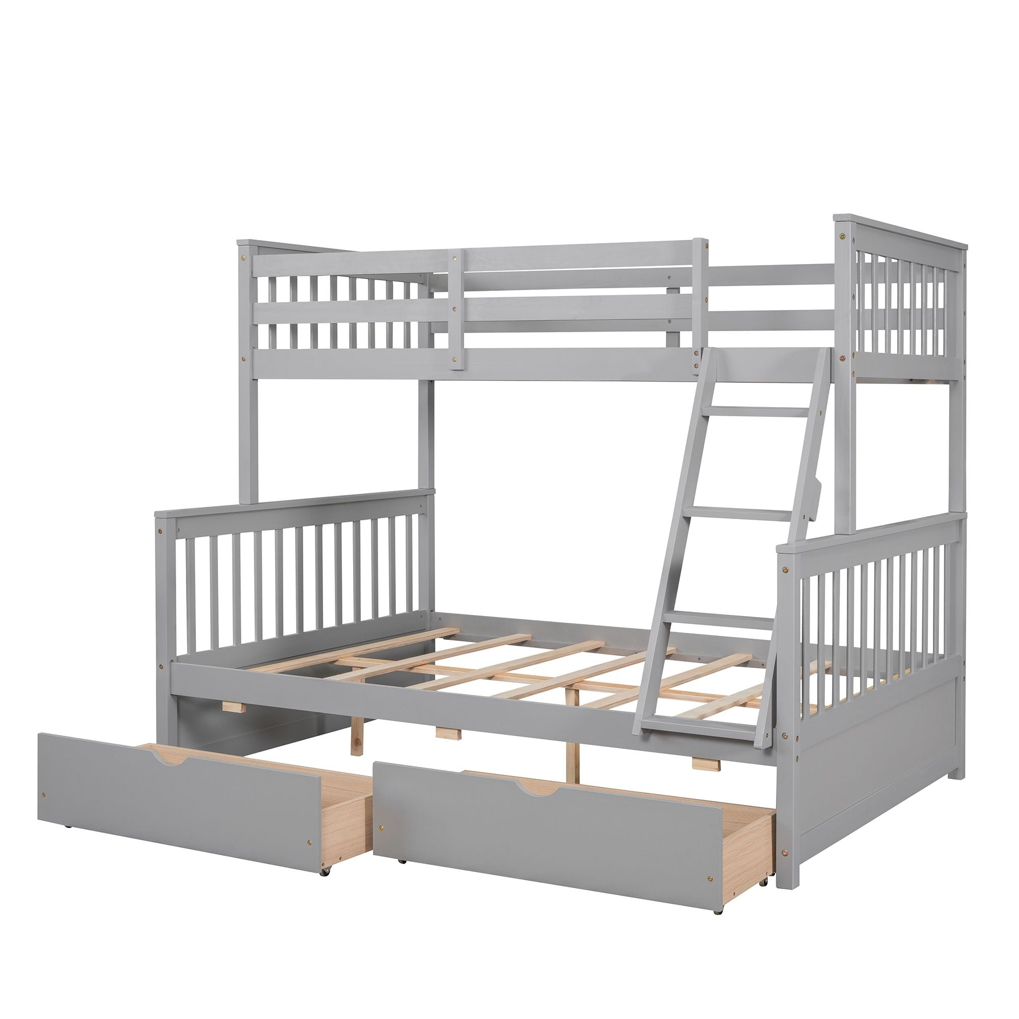 Kids Shared Room Twin Over Full Wood Bunk Bed with Storage Drawers and Ladders, Gray | Just Better Bunk Beds
