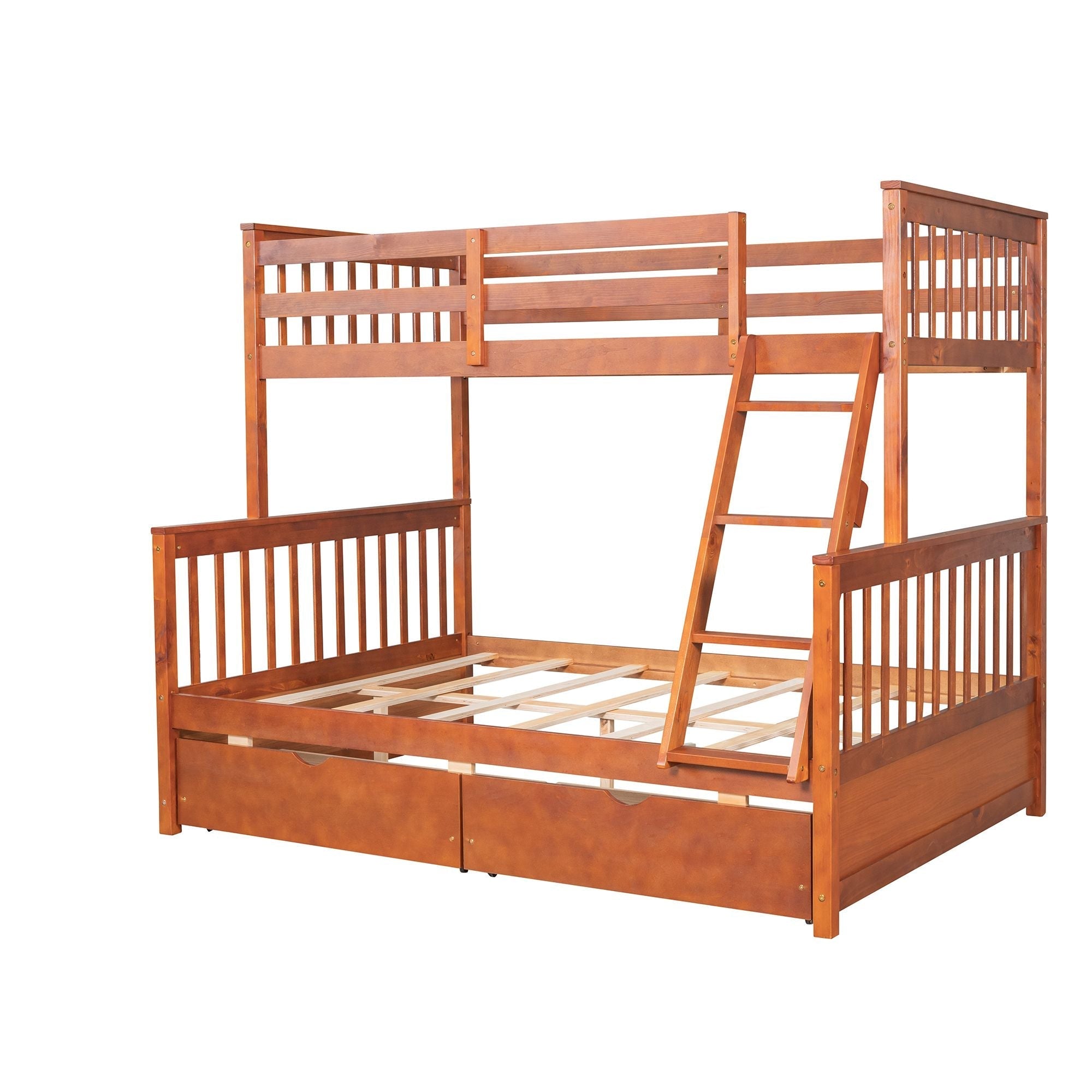 Kids Shared Room Twin Over Full Wood Bunk Bed with Storage Drawers and Ladders, Walnut | Just Better Bunk Beds