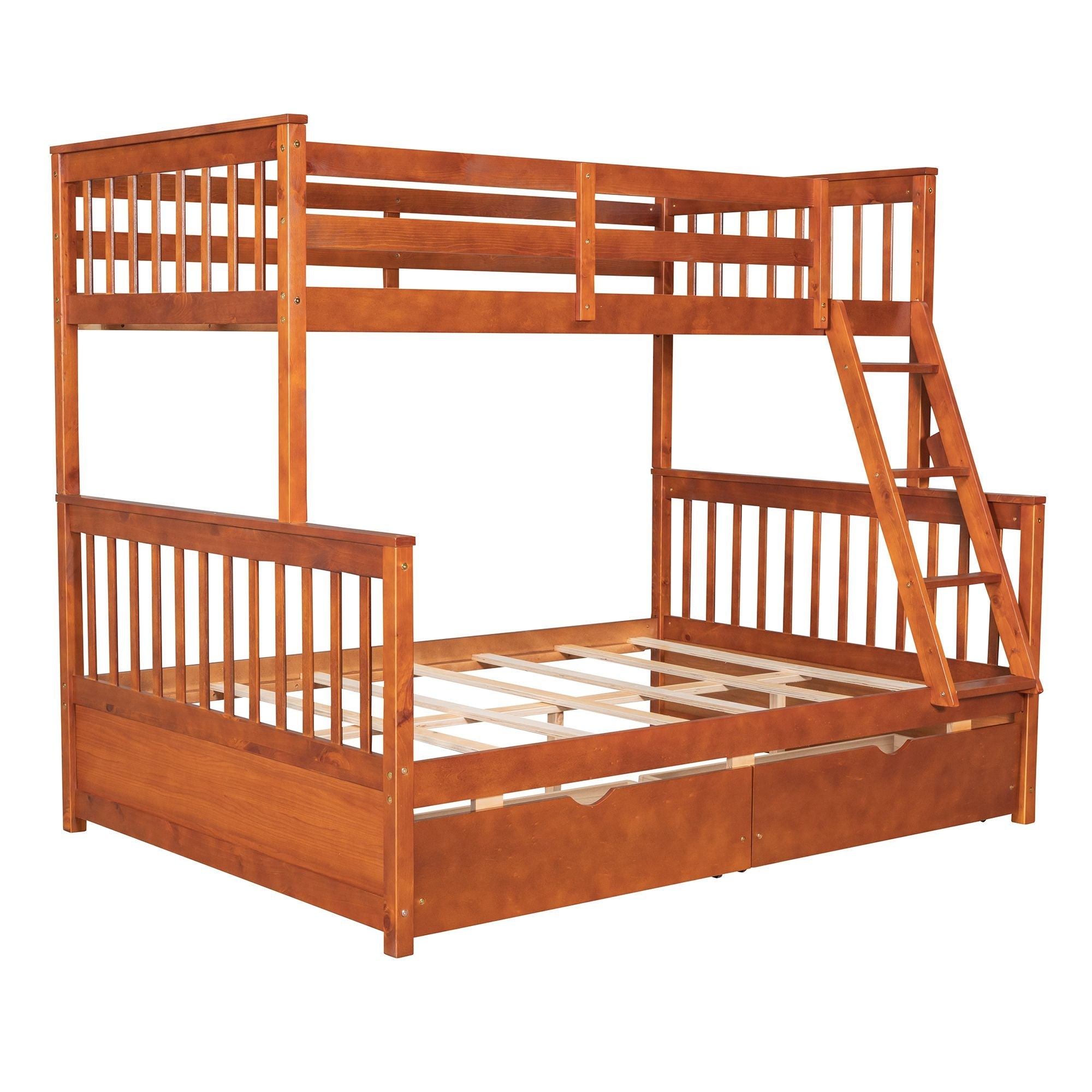 Kids Shared Room Twin Over Full Wood Bunk Bed with Storage Drawers and Ladders, Walnut | Just Better Bunk Beds